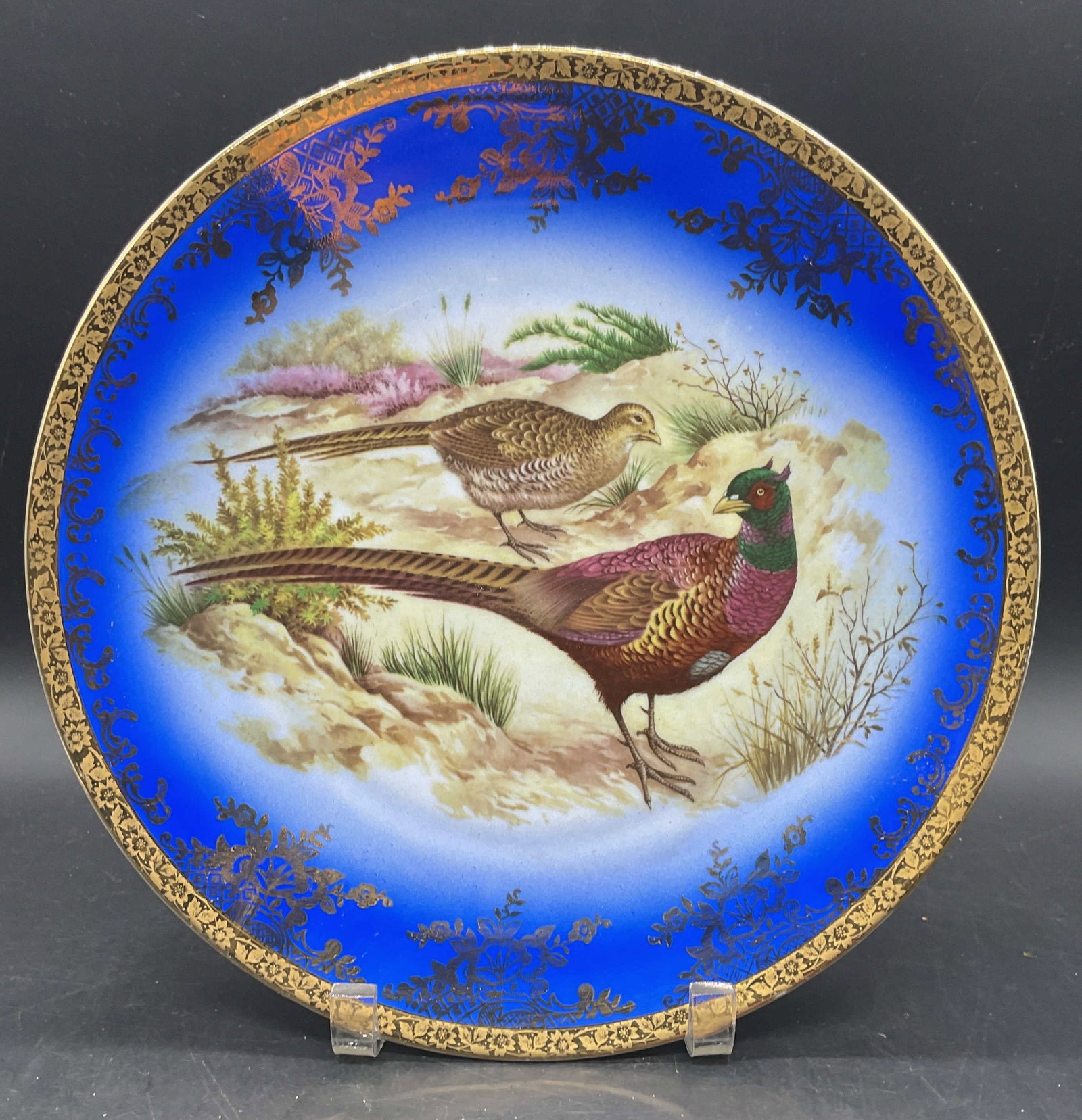 STW Bavaria Pheasants Gilt Porcelain Plate Germany: Vintage STW Bavaria porcelain plate. Transfer print pheasant scene with hand painted gilt border on cobalt blue ground. Measures approx. 11.5 inches wide. Some scratching and loss to paint. STW