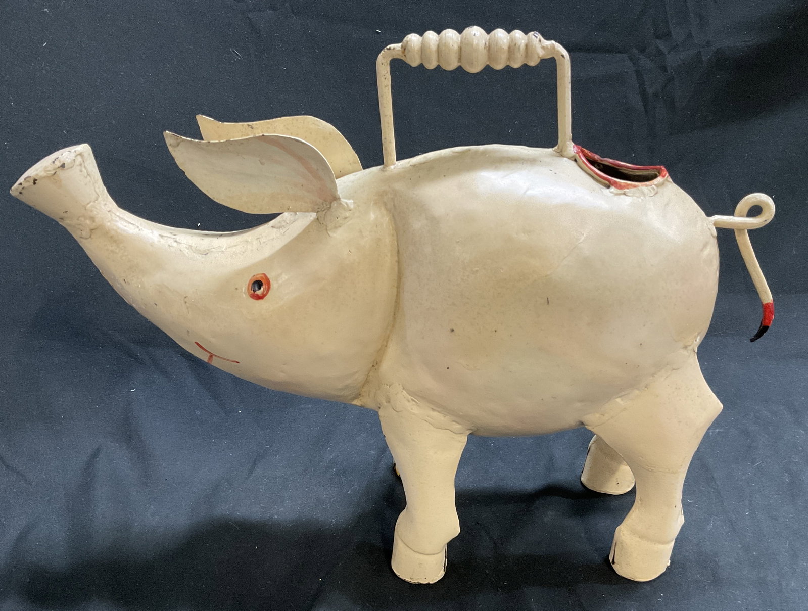 VTG Painted Toleware Pig Watering Can: Vintage Painted Toleware Pig Watering Can. Aging to Metal and Losses to Paint. Measures app 11in H x 14.5in L. Vintage Watering Can, Painted, Toleware, Metal, Metal Art, Pigs, Plants, Animal Decor,