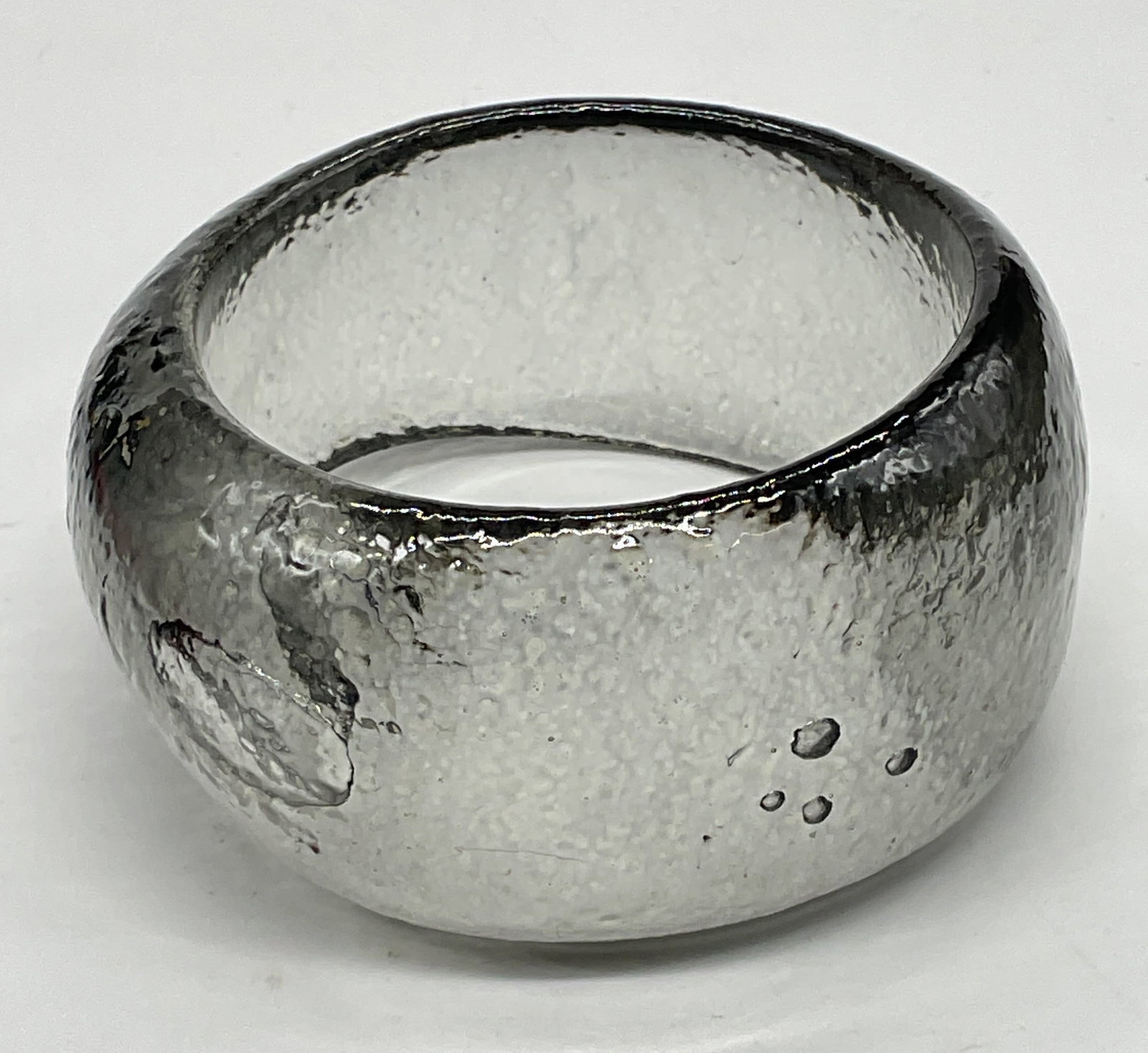 Textured Sculptural Lucite Statement Bracelet: Textured sculptural lucite stamens bangle bracelet in grey. Measures approx. 2.5 inches wide. Band measures approx. 1.75 inches wide. Includes a dust bag. Some scratching. Jewelry, estate jewelry,