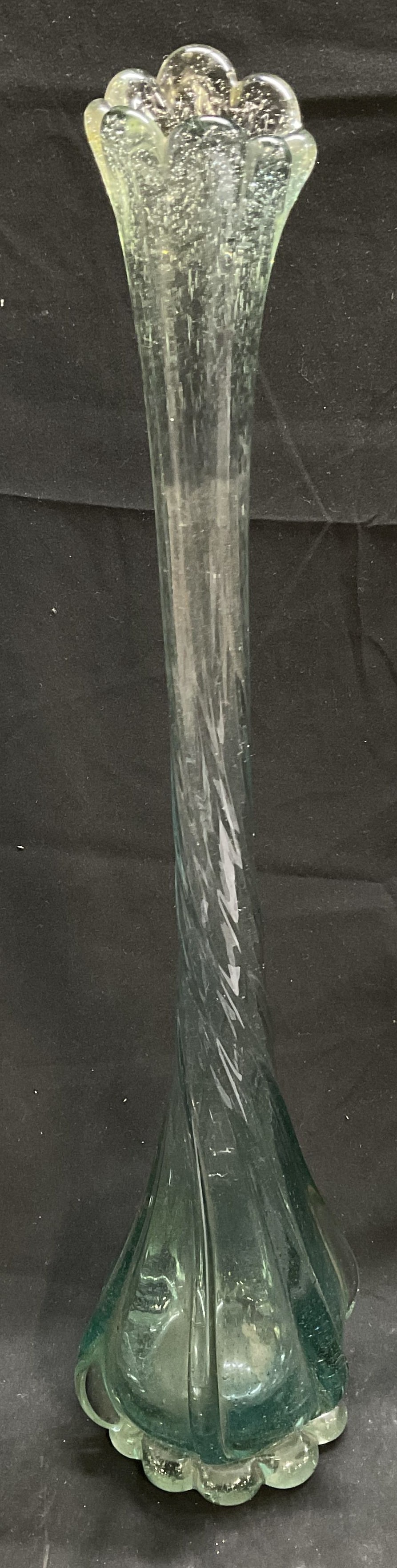 MCM 24in Hand-Blown Swung Aqua Art Glass Vase: Mid-Century Modern Hand-Blown Swung Aqua Art Glass Vase. Long Slender Neck with Ruffled Base and Rim. Condition Consistent With Exposure. Measures app 24in H x 4.5in Base. Mid-Century Modern Vase,