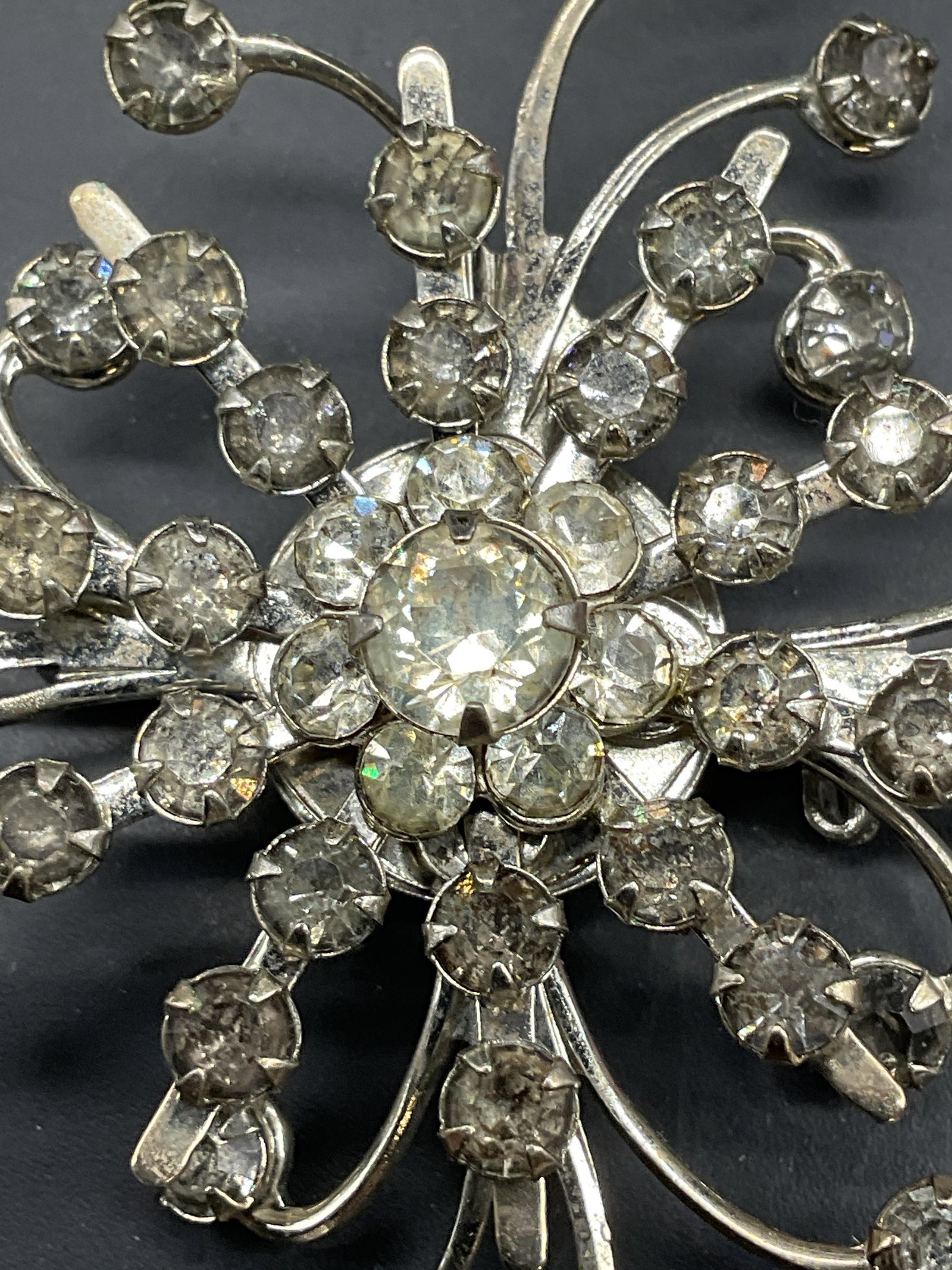 Silver Tone Crystal Flower Brooch - 3