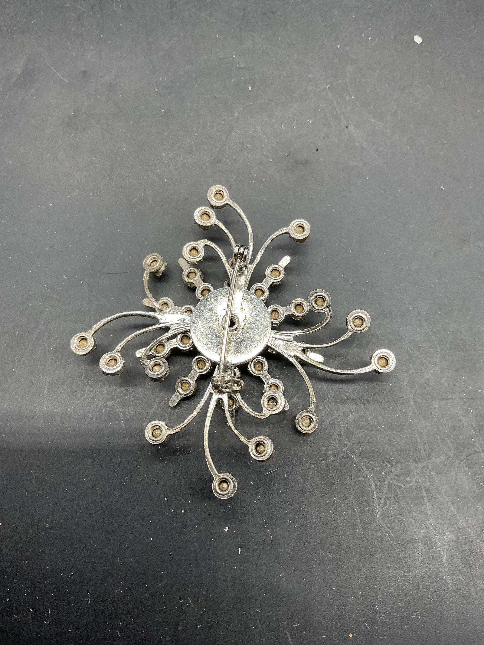 Silver Tone Crystal Flower Brooch - 5