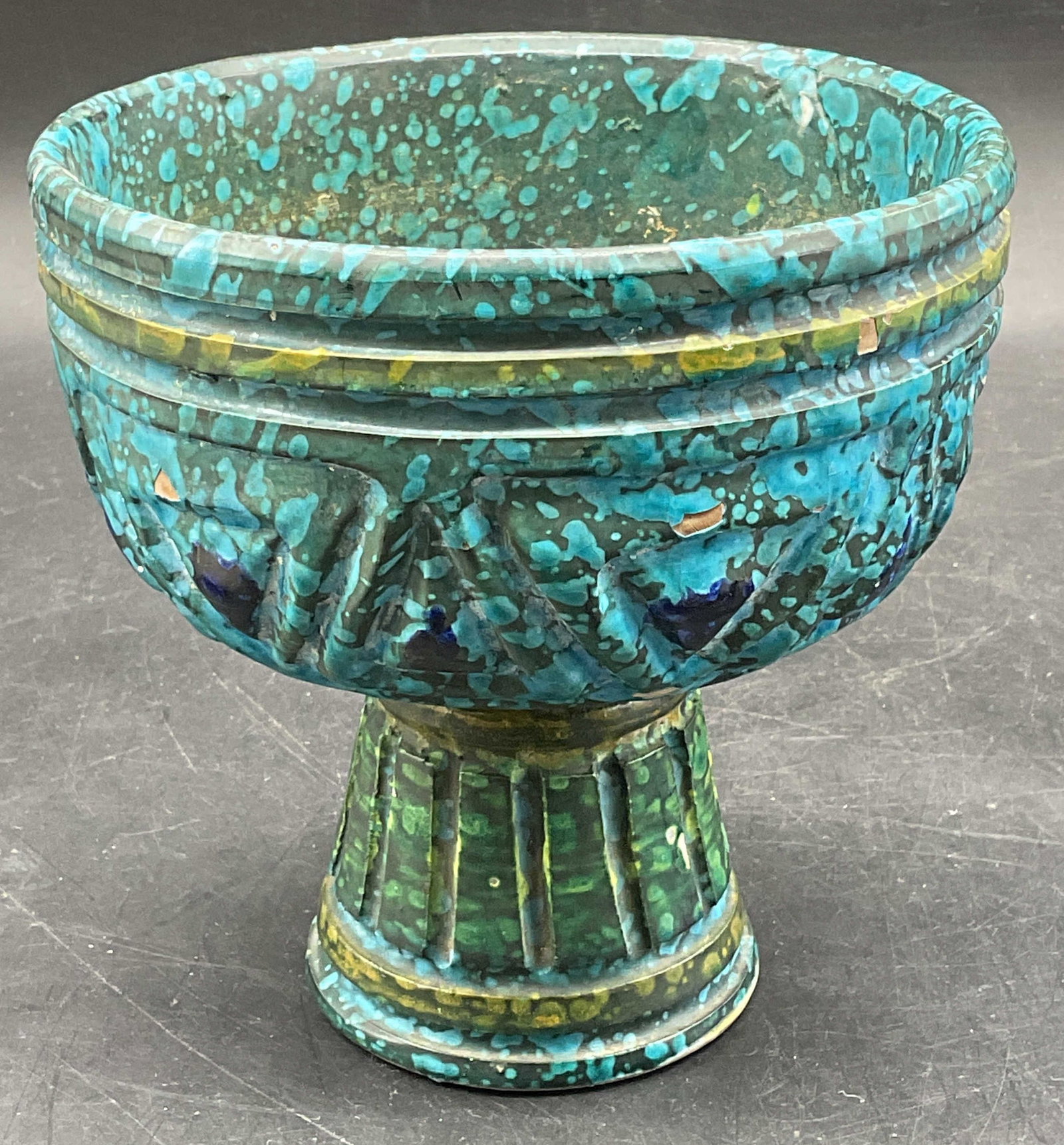 Vintage Blue Lava Glaze Pottery Footed Bowl, Italy: Vintage handmade pottery footed bowl with blue lava glaze. Carved geometric design. Made in Italy. Measures approx. 5.5 x 5.75 inches. Some scratching, loss to glaze. Italian pottery bowl, lava glaze