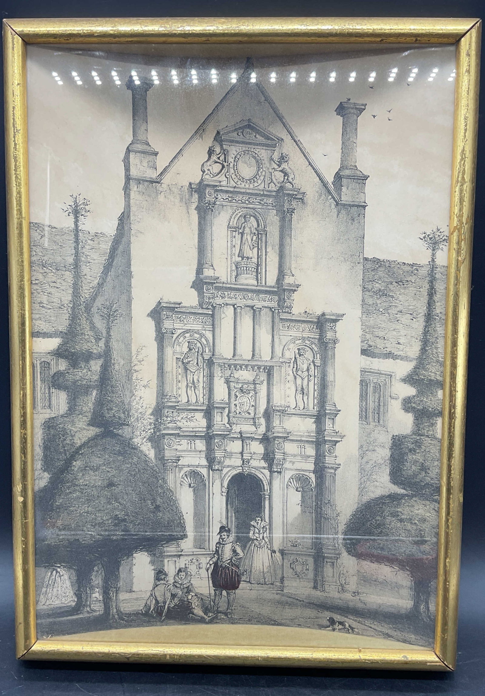 Framed Antique After Nash Doretshire Litho: Framed antique lithograph. After Joseph Nash. Print date unknown. Waterston, Doretshire. English country estate with figures. Gilt wood frame. Not examined out of frame. Frame measures approx. 12.5 x