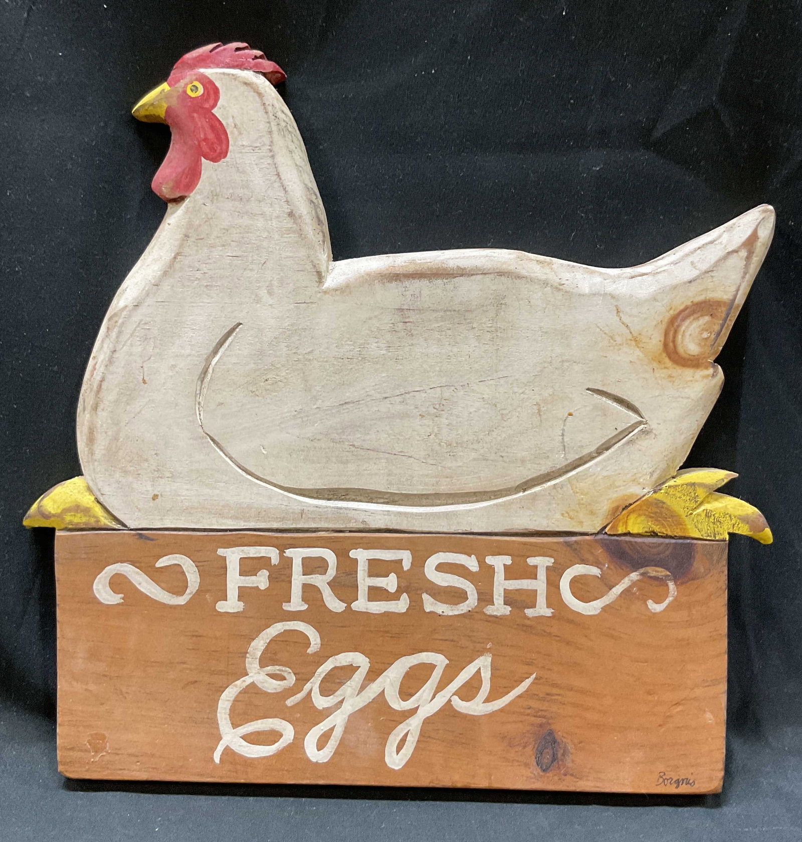 SGND Wooden Fresh Eggs Wall Decor Sign: Signed wooden Fresh Eggs wall decor sign. Signed in bottom right corner, reads illegibly. Hand painted, reads Fresh Eggs in white lettering. Decorative hen figure on top, hand painted in varying