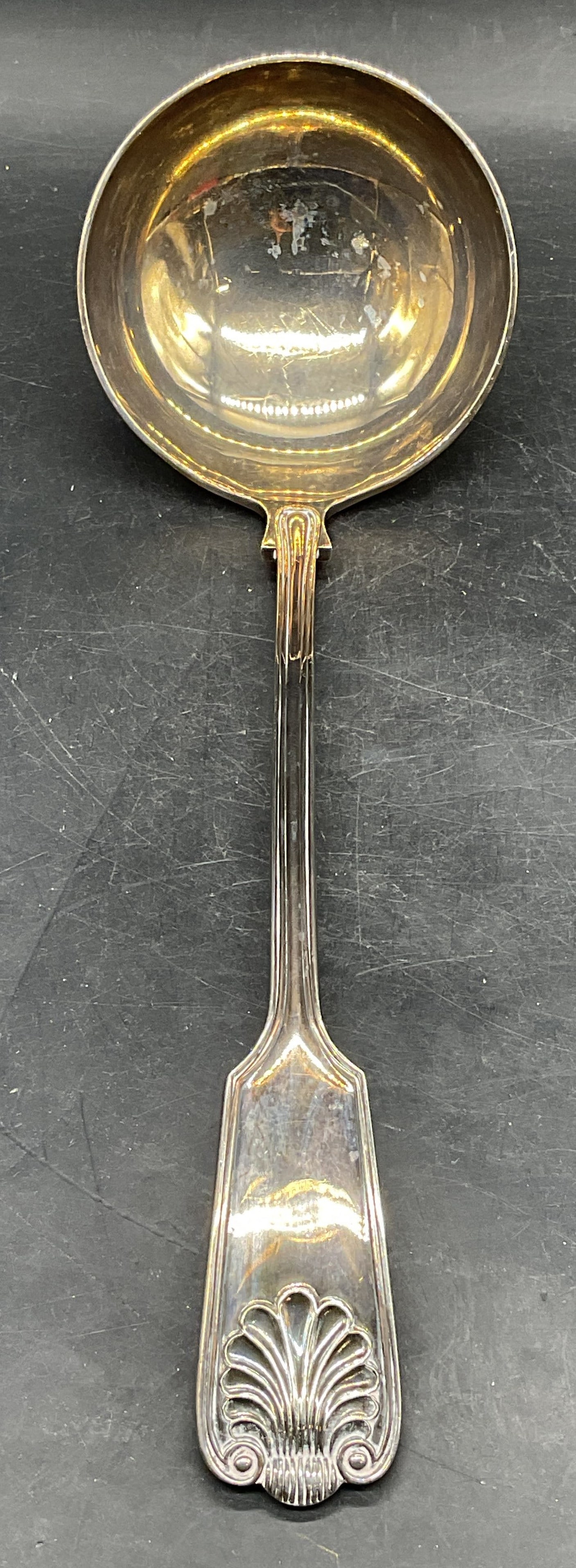 Vintage LB Silver Plated Ladle, England: Vintage LB silver plated ladle. Ornate scroll handle. Made in Sheffield, England. Measures approx. 11 inches long. Some patina and scratching. Lb ladle, silver plated ladle, tableware, table accessori