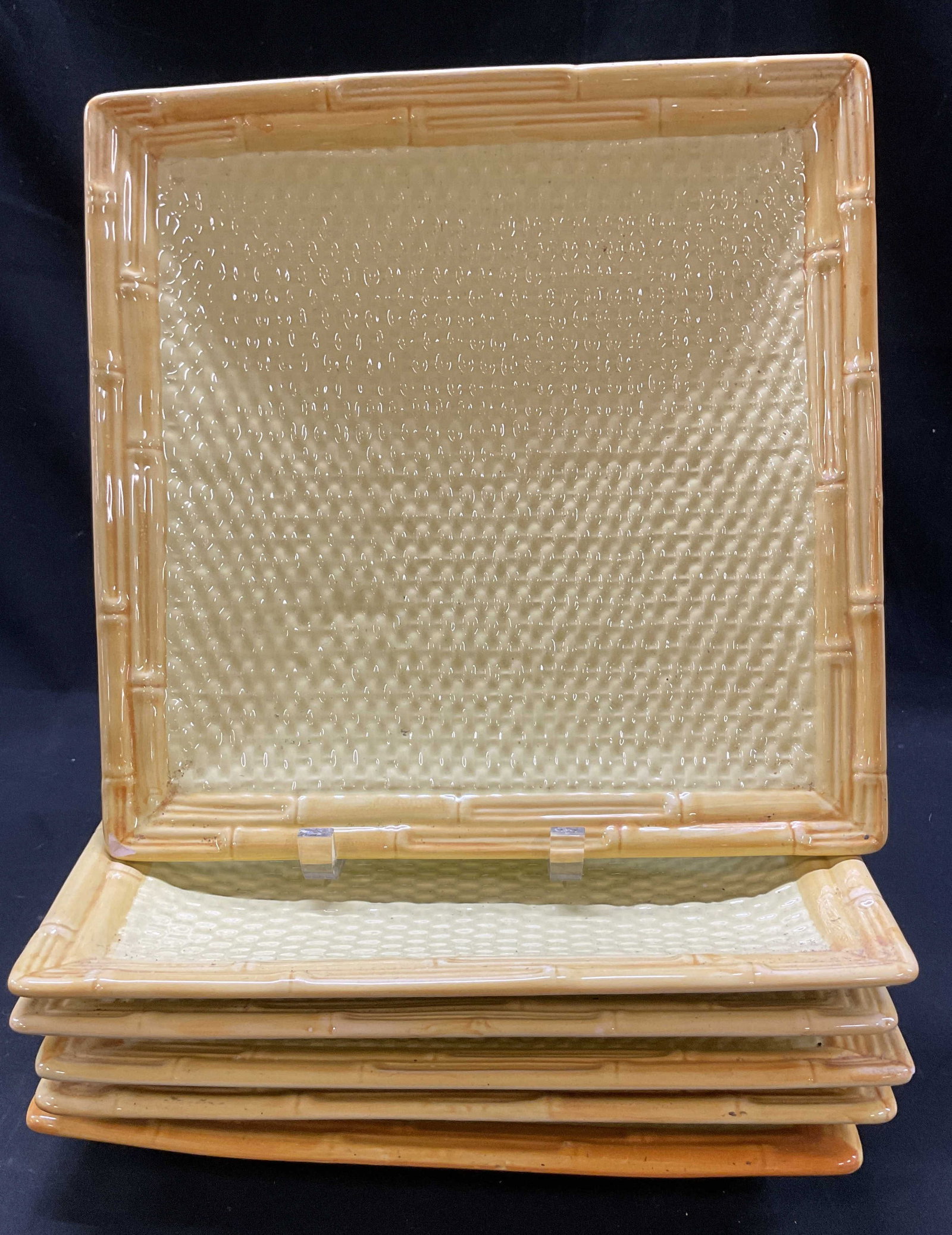 Set 6 Square Ceramic Plates Portugal: Set of 6 square ceramic plates. Marked on underside, reads Hand Painted Portugal. Square shape. Bamboo style border. Horizontal and vertical lines pattern, weave pattern. Yellow and green. Glossy