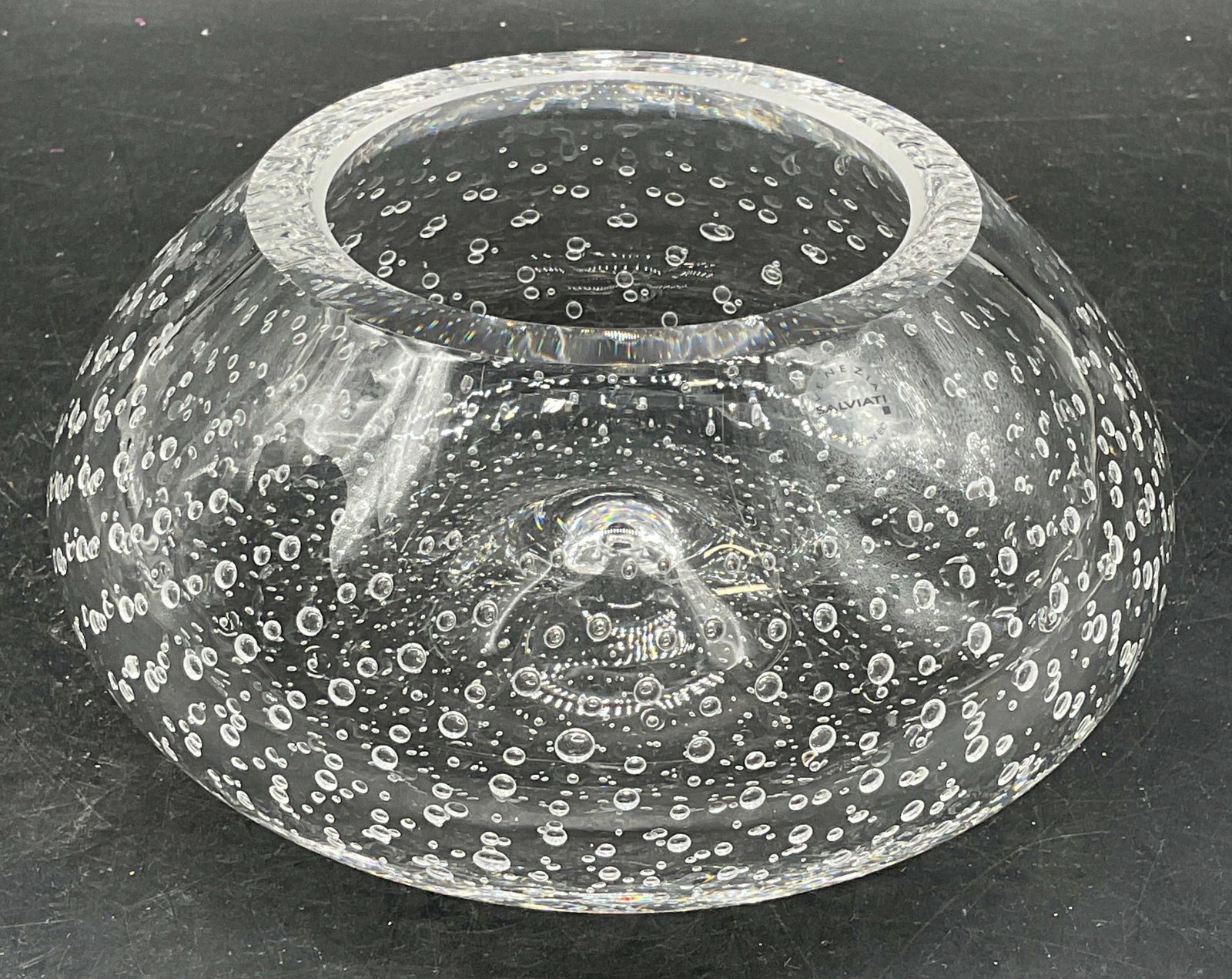 Salviati Murano Art Glass Bubble Bowl, Italy: Salviati MURANO hand blown art glass bowl with controlled bubble design. Made in Italy. Measures approx. 6 x 2.75 inches. Minor surface wear, scratches. Salviati bowl, MURANO bowl, art glass bowl,