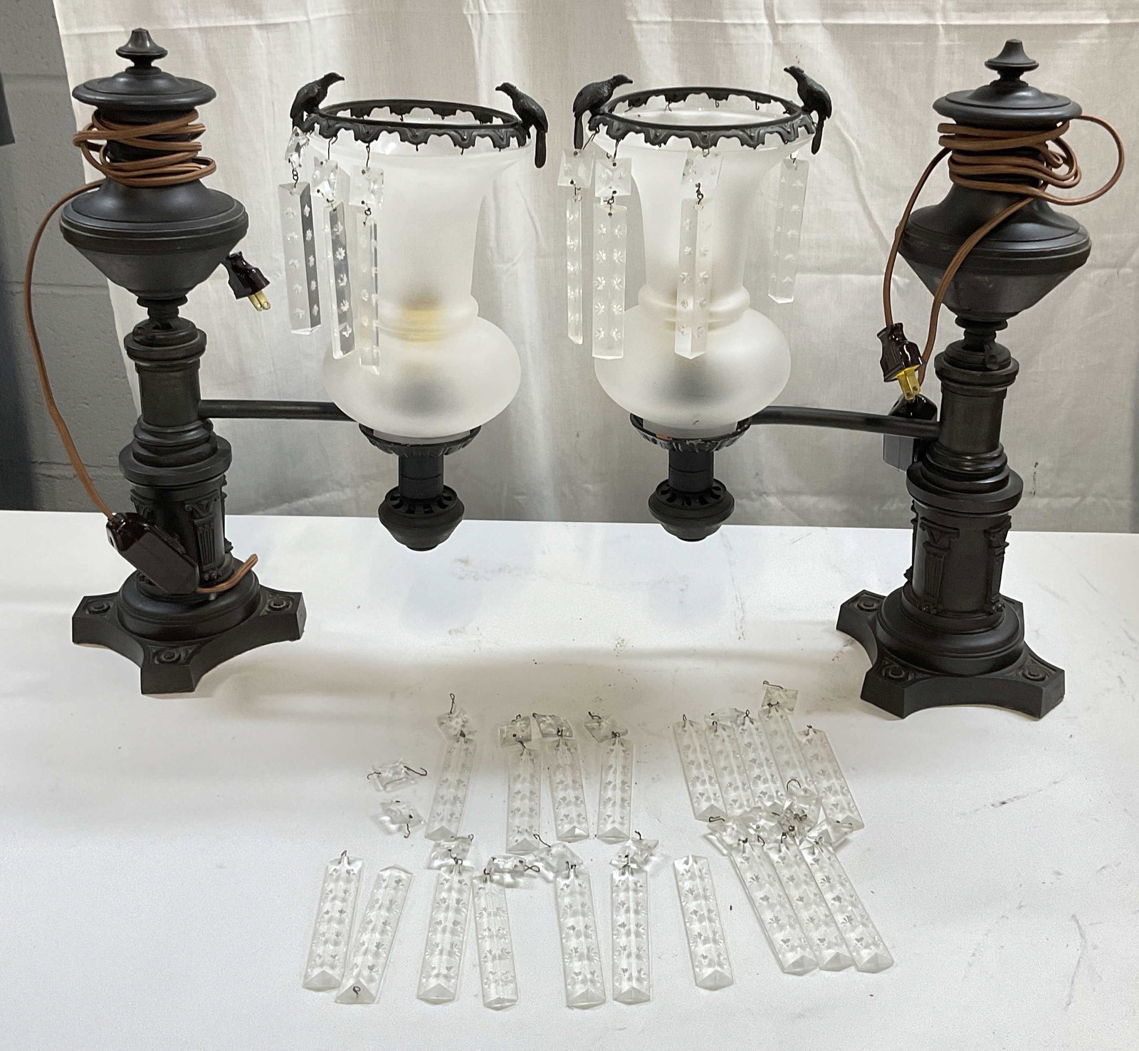 Pair Antique Argand Lamps w Crystals, Electrified (1 of 13)