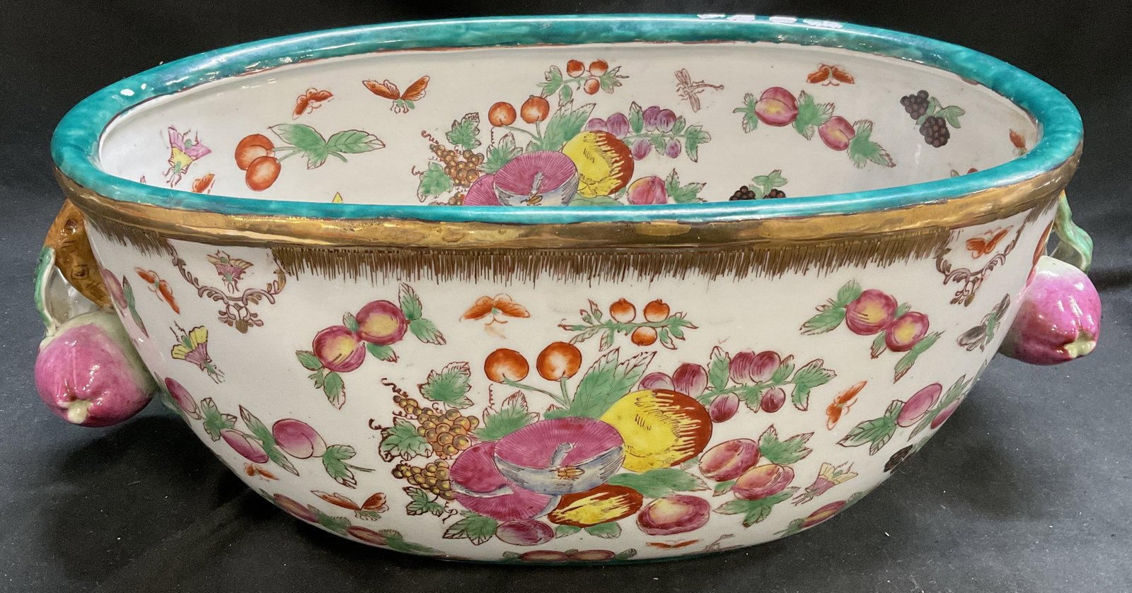 VTG SGND Chinese Famille Rose Porcelain Tureen: Vintage Signed Chinese Famille Rose Porcelain Tureen. Fruit and Insect Motifs. Two Fruit-Shaped Handles. Signed With Asian Characters. Some Losses to Paint. Measures app 6.5in H x 16.5in Diam. Vintage