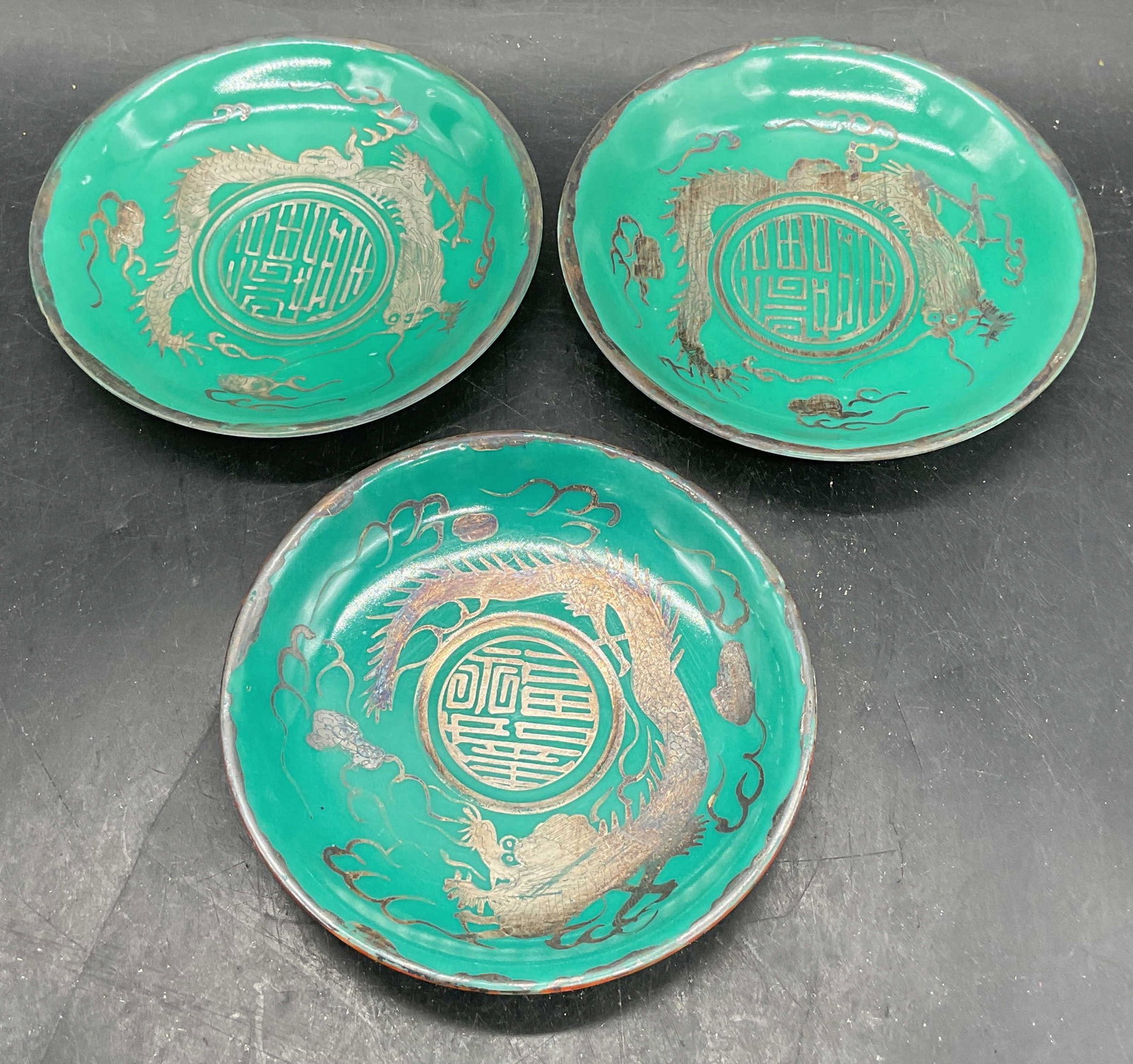 Set 3 Sgn Sterling Overlay Porc Dragon Saucers (1 of 6)