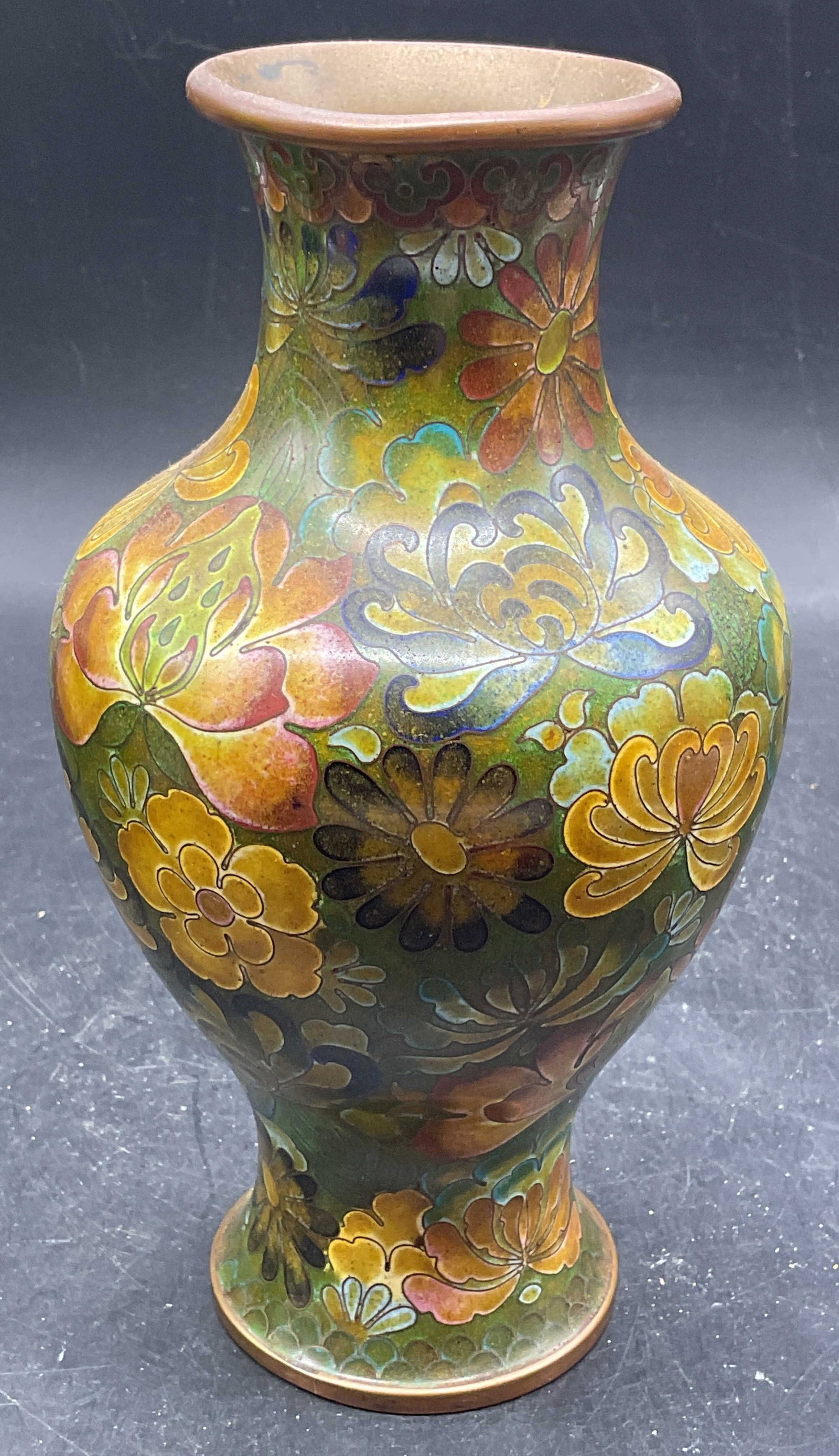 Vintage Asian Cloisonne Floral Copper Vase: Vintage Asian cloisonne enameled copper vase with floral motif in green. Measures approx. 4 x 7.75 inches. Some scratching and patina. Cloisonne vase, enamel vase, copper vase, Asian vase, collectible