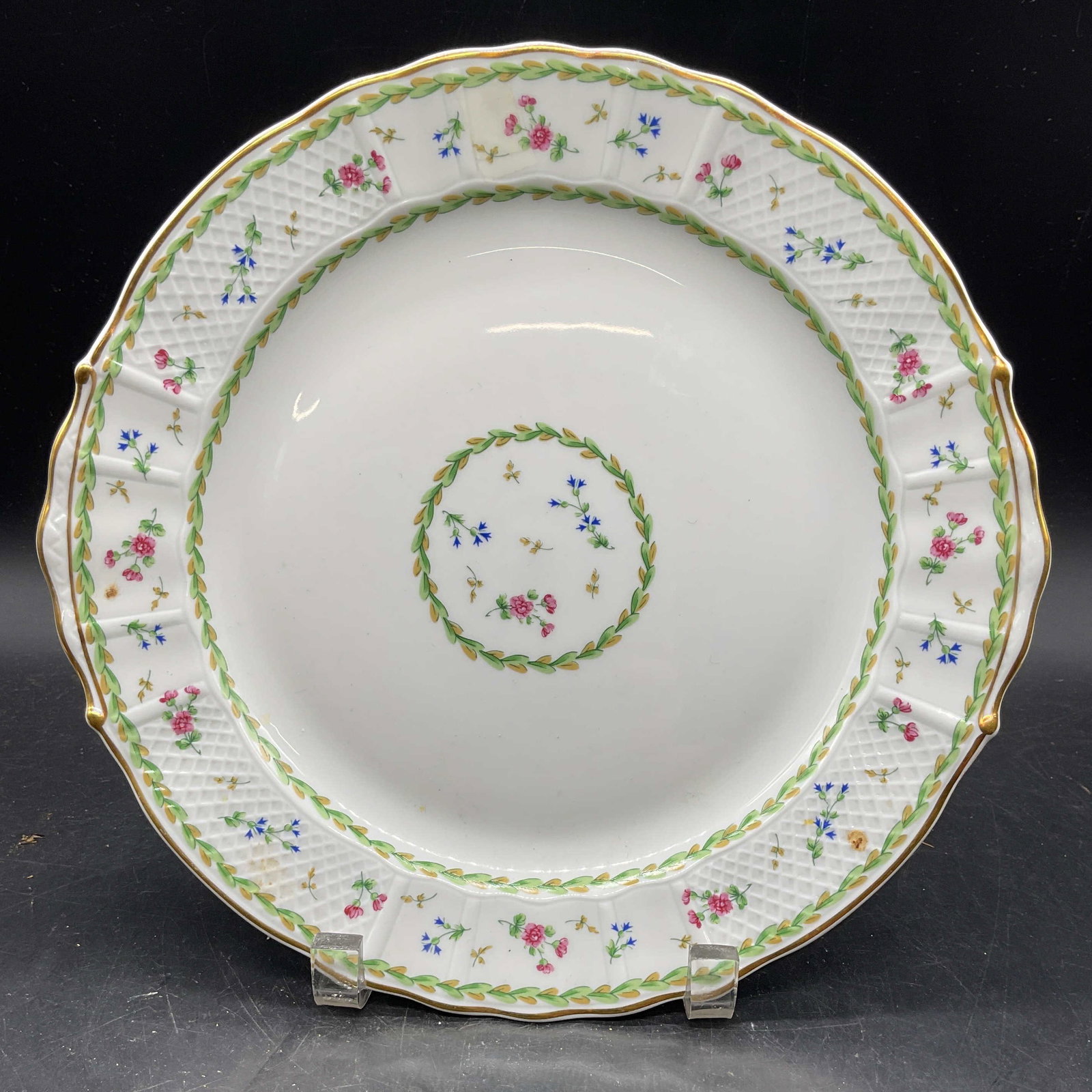 BERNARDAUD Limoges Artois Porcelain Platter France: BERNARDAUD Limoges porcelain platter in Artois Vert pattern. Hand painted and gilt floral design. Made in France. Measures approx. 10 x 10.25 inches. Some scratching. BERNARDAUD Artois, BERNARDAUD pla