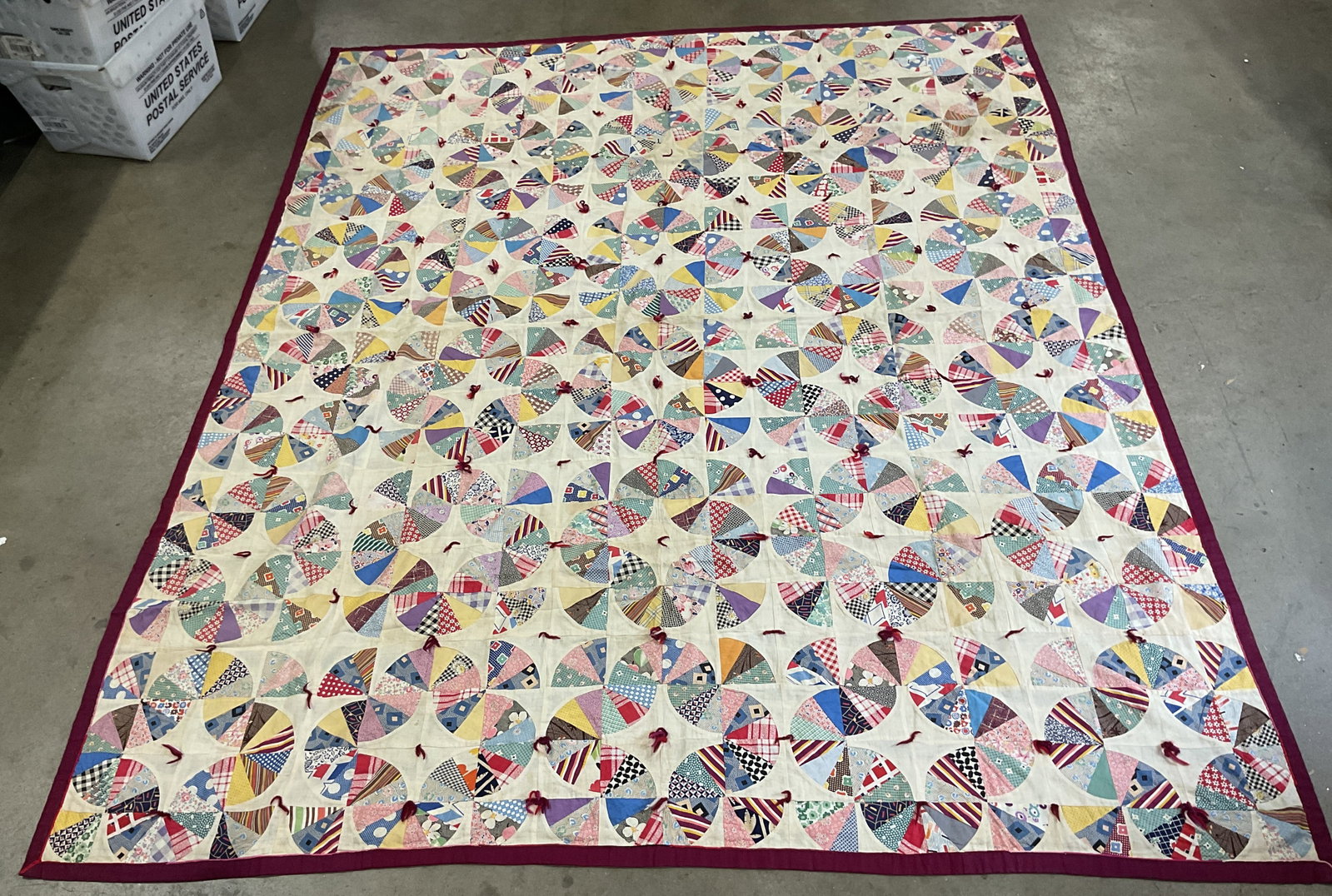 Vintage Hand Pieced Grandmothers Fan Quilt: Vintage Depression era hand pieced cotton quilt. Grandmothers Fan/Mohawk Trail pattern. Multicolor and multi print design. Measures approx. 90.5 x 75.5 inches. Some discoloration and losses. Vintage q