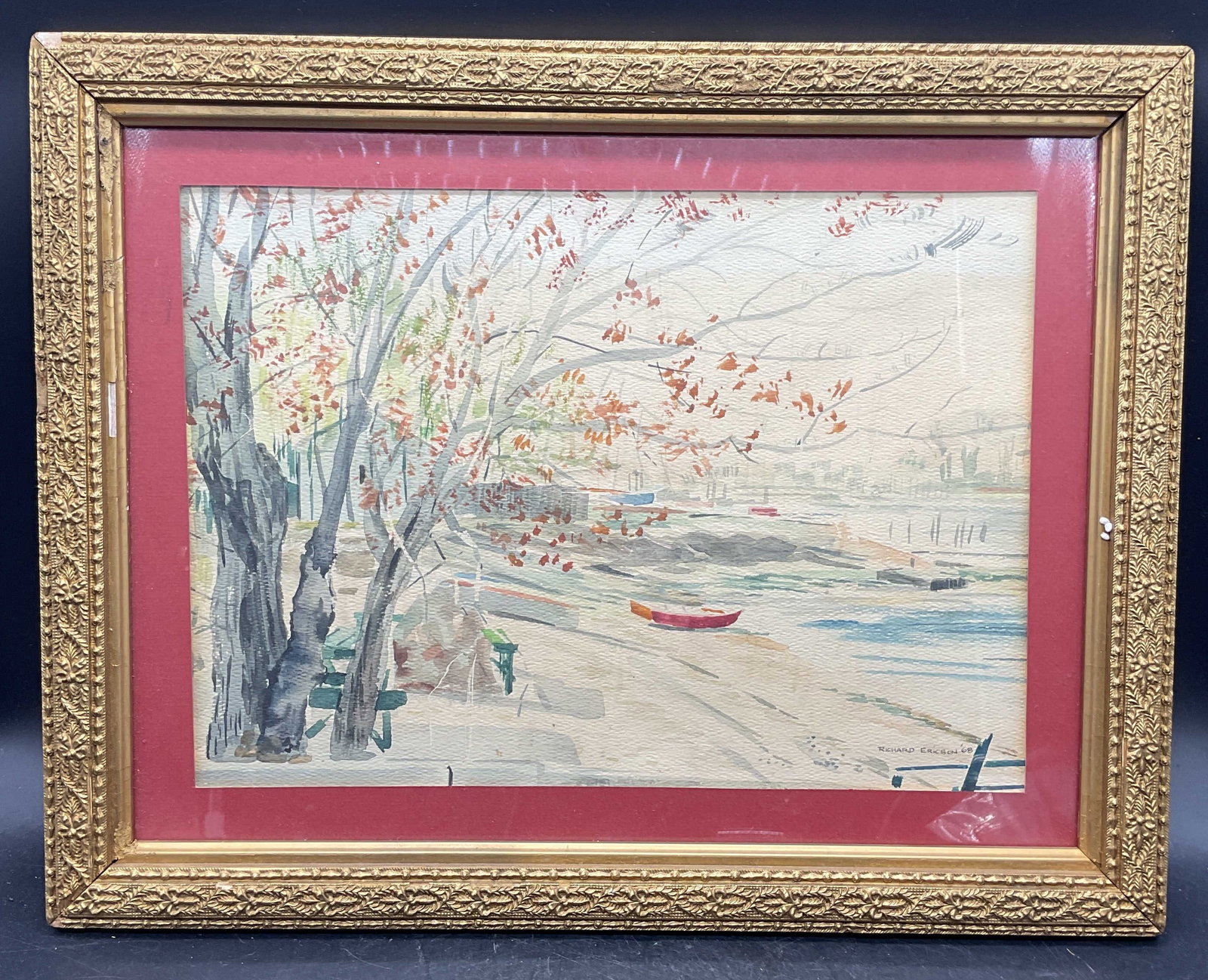 Richard Ericson Sgn Landscape Watercolor Painting: Framed and matted watercolor painting. Signed and dated lower right, Richard Ericson, 1968. Landscape with boats. Decorative gilt wood frame. Not examined out of frame. Frame measures approx. 14.25 x