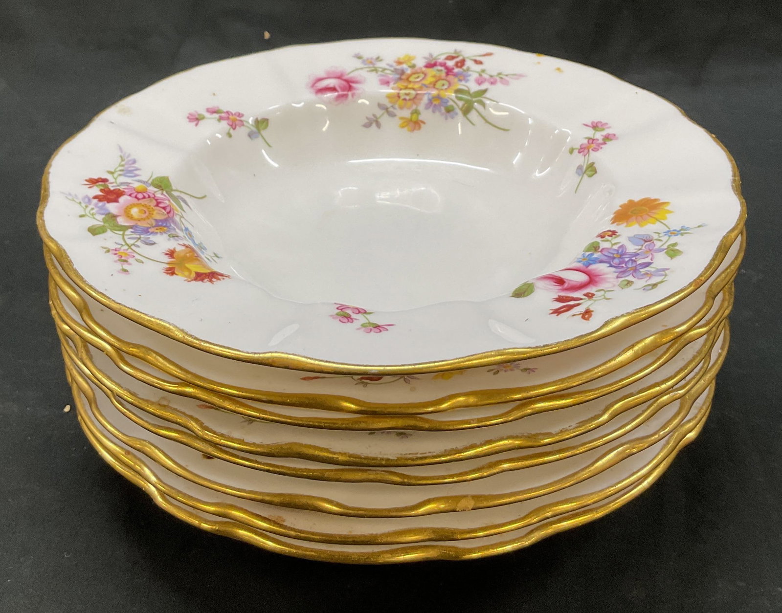 Set 8 Royal Crown Derby Posies Bowls England: Set of 8 Royal Crown Derby Posies bone china bowls. Marked on underside, reads Derby China Royal Crown Derby English Bone China Derby Posies. Round bowls. Gilt scalloped edge. Derby Posies pattern, fl