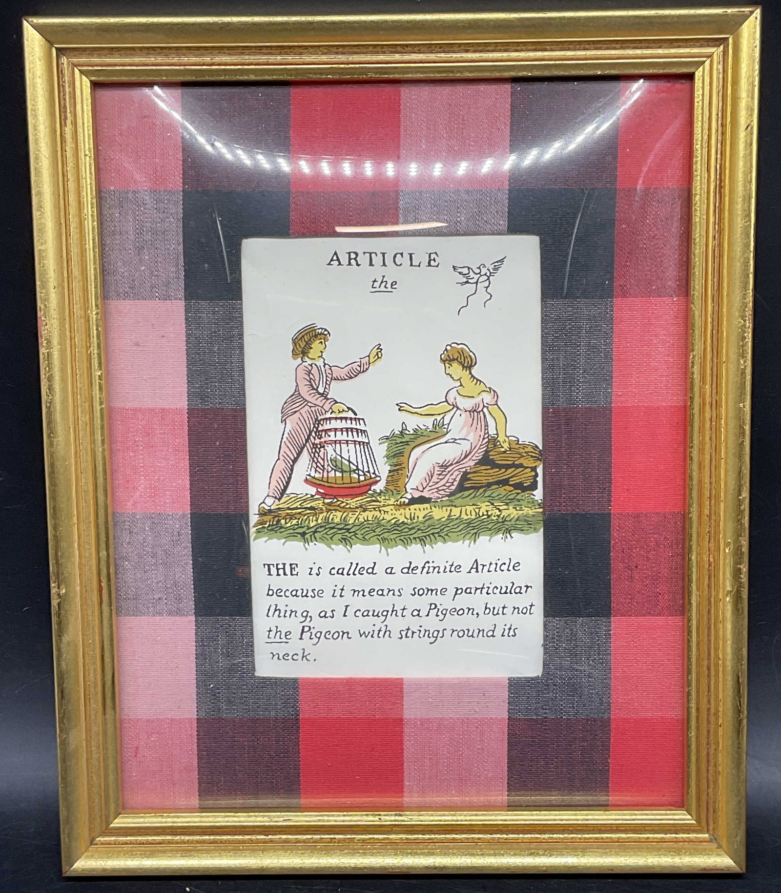 Framed Grammar Article Boy & Girl Lithograph: Framed and matted color lithograph. Grammar, Article. Boy and girl with birds. Gilt wood frame. Not examined out of frame. Frame measures approx. 11.25 x 9.25 inches. Some wear consistent with exposur