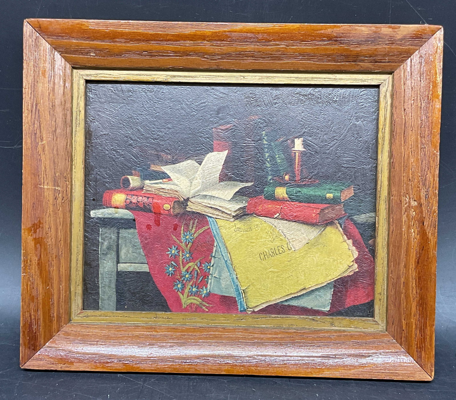 Framed Still Life With Books Lithograph: Framed lithograph on board. Still life with books. Wood frame. Not examined out of frame. Frame measures approx. 8.25 x 9.75 inches. Some scratching, residue. Art, framed art, home decor, home