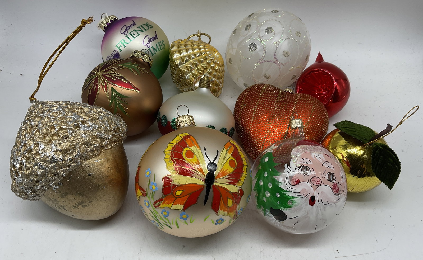 Lt 11 VTG Glass Ball Christmas Ornaments Hungary+: 11 Vintage Glass Ball Christmas Ornaments. Various Glitter Finishes, Shapes, and Hand-Painted Designs Such as Butterfly, Heart, Acorn, Fruit, Santa Face, Good Friends Saying from Bronners Hungary and