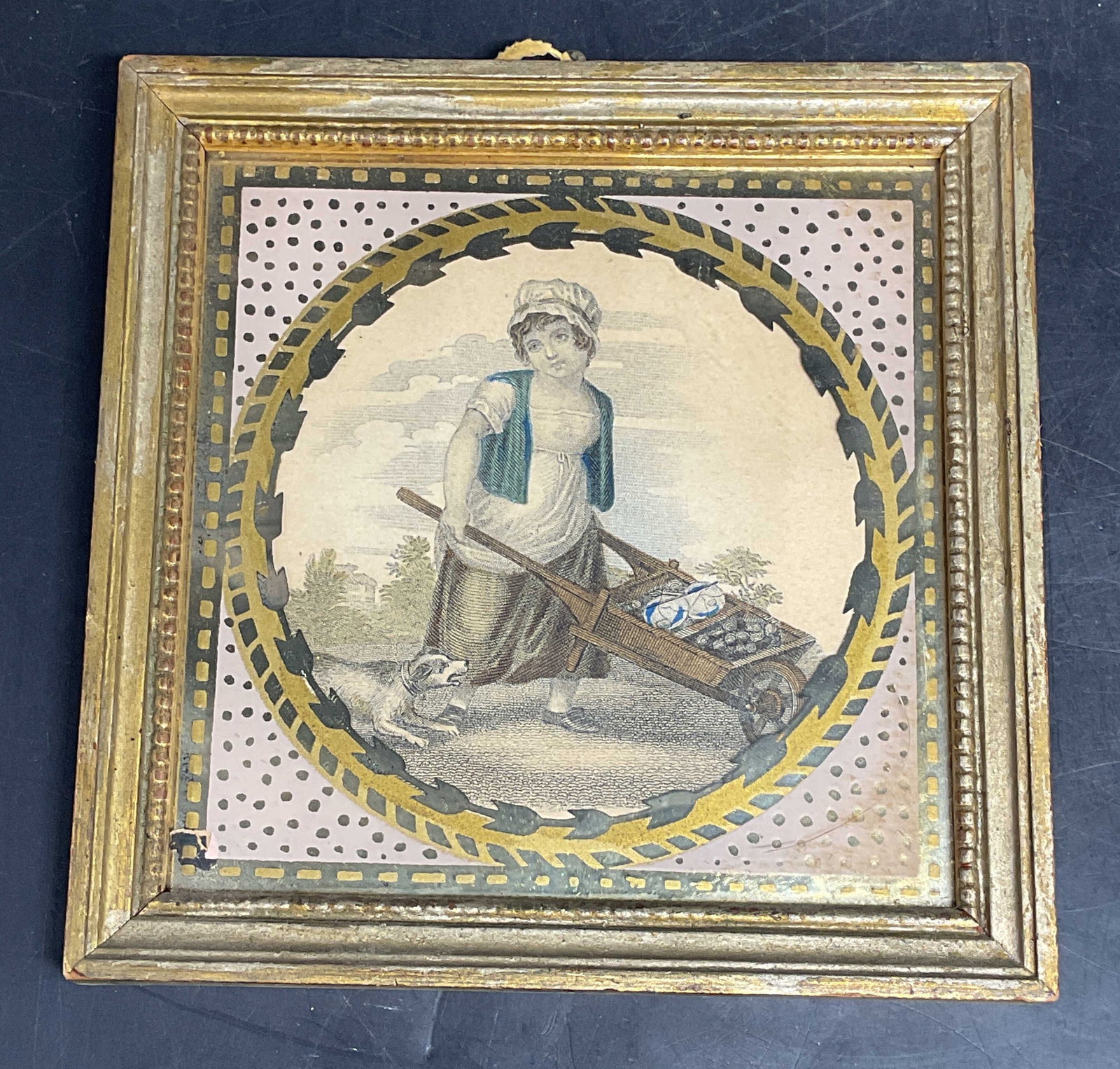 Antique Framed Colored Pastoral Girl Engraving (1 of 6)