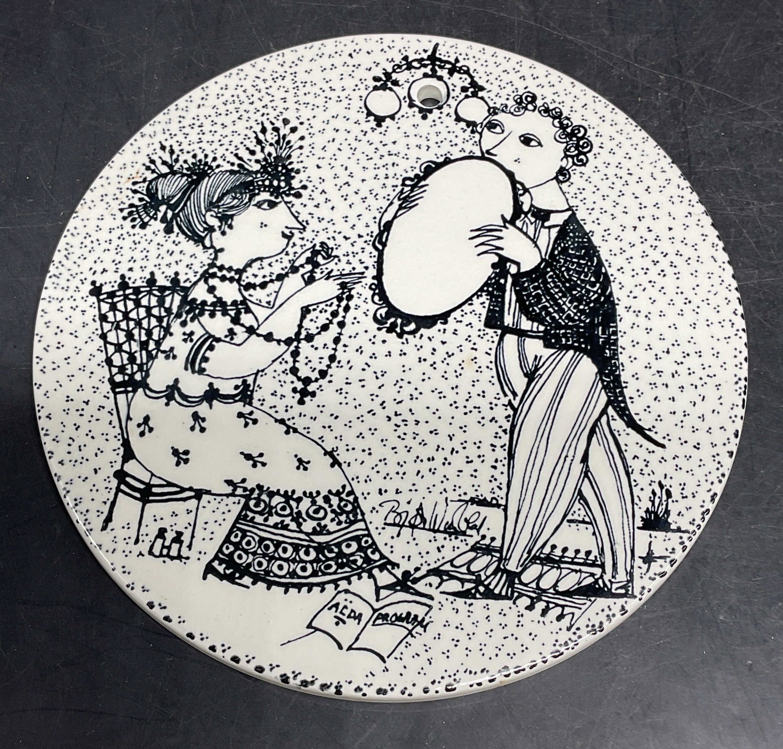 BJORN WIINBLAD Nymolle September Ceramic Plaque: Vintage Bjorn WIINBLAD for Nymolle ceramic plaque. September. Couple. Made in Denmark. Measures approx. 6 inches wide. Some scratching and crazing. BJORN WIINBLAD plaque, nymolle plaque, collectibles,