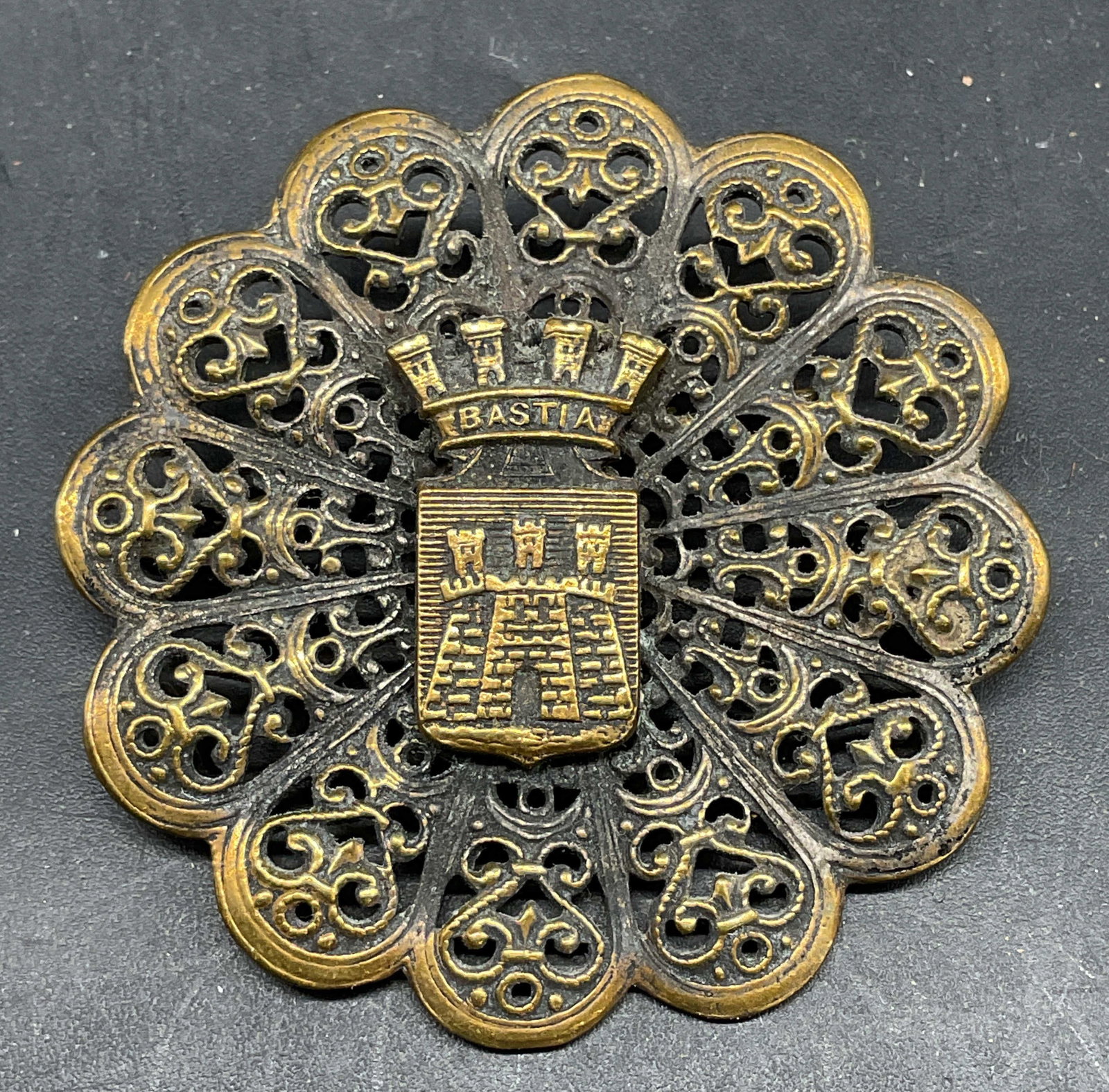 Vintage Silver Plated Bastia Coat of Arms Brooch: Vintage silver plated Bastia coat of arms motif brooch. Measures approx. 1.5 inches wide. Some scratching. Jewelry, estate jewelry, costume jewelry, cocktail jewelry, fashion jewelry, accessories,