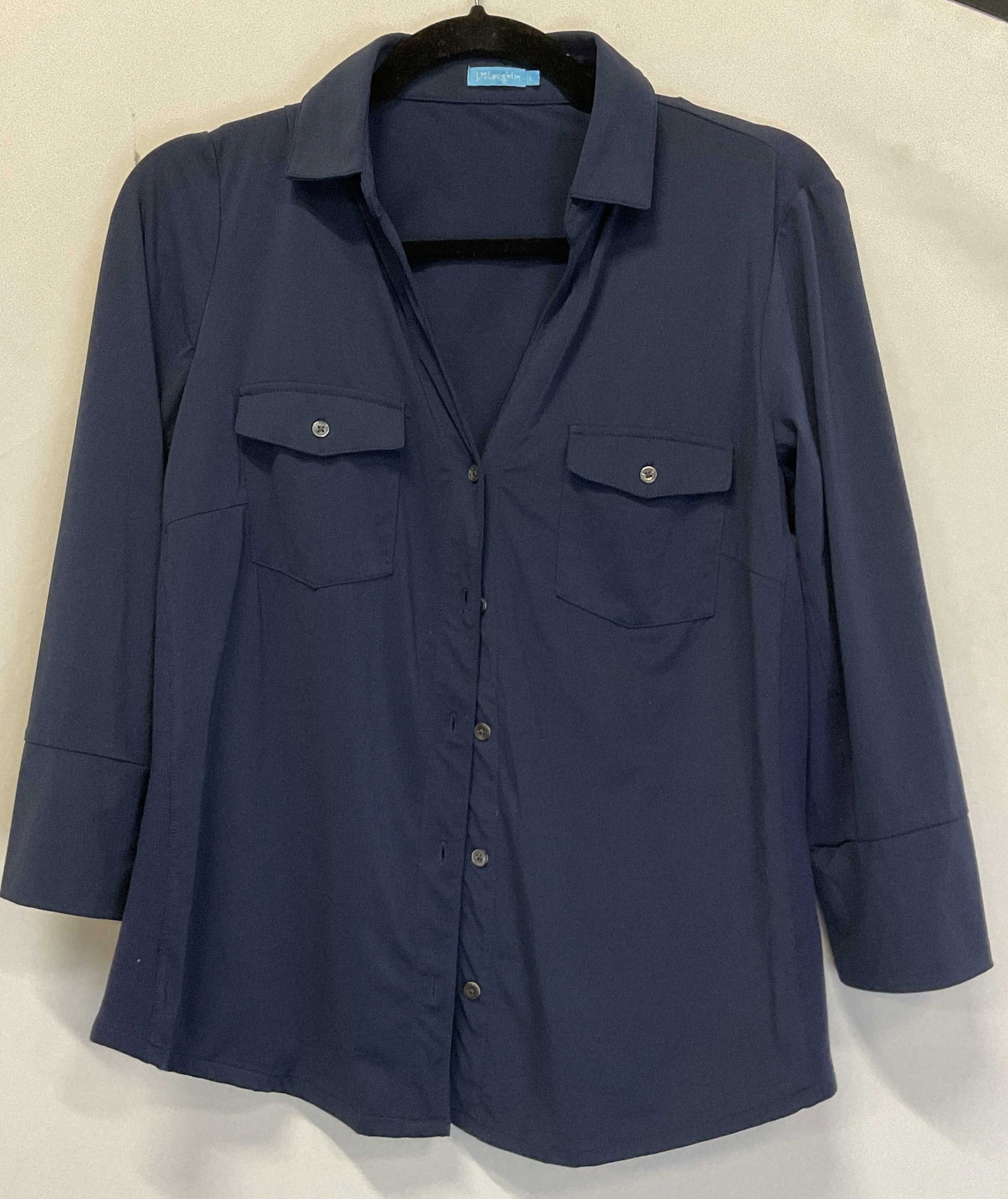 J. McLaughlin Blue Collared & Buttoned Long Sleeve: J. McLaughlin blue collared and buttoned long sleeve. Size L. Front pockets. Wear consistent with exposure. J. McLaughlin, shirt, top, wearables, clothing, outerwear, fashion. 4H