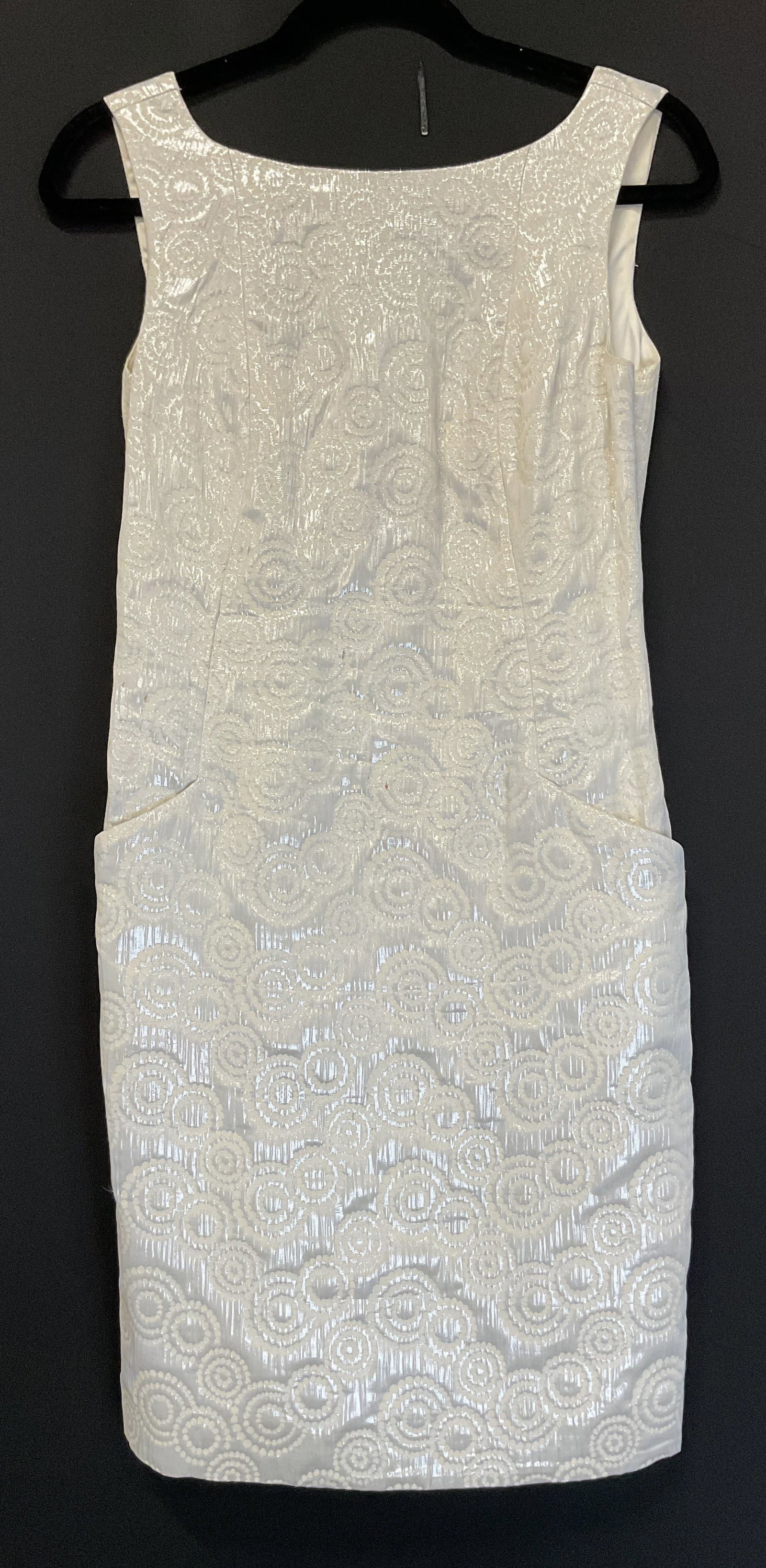 Club Monaco White Dress: Club Monaco white dress. Size 4. 52% cotton. Front pockets and zipper. Swirled pattern. Cut out back design. Some blemishes. Dress, Club Monaco, wearables, clothing, outerwear, fashion. 4H