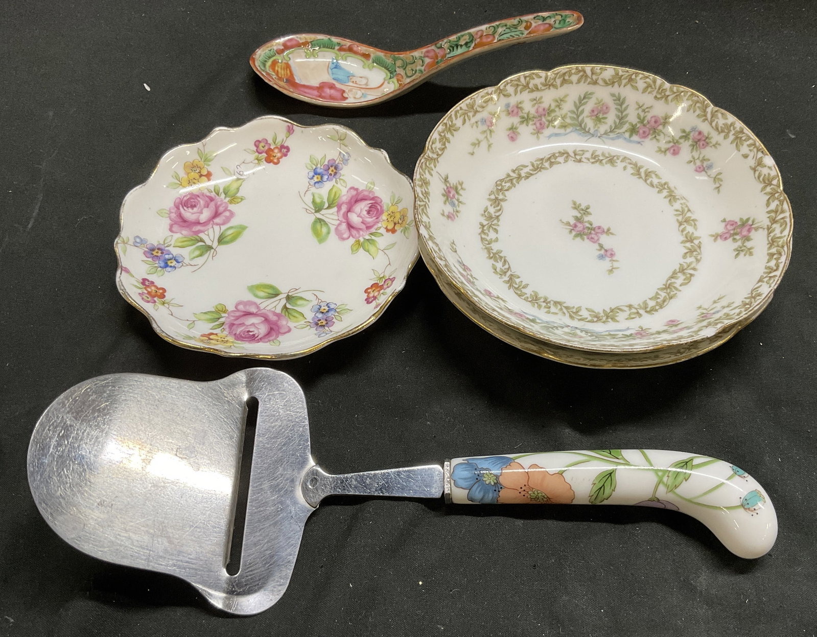 Lt5 Haviland Limoges+ Porc Kitchenwares FRANCE+: 5 Floral Porcelain Kitchenwares. Includes 2 Antique Haviland Limoges Saucers Made in France, a Vintage Hammersly & Co Bone China Saucer Made in England, a Vintage Chinese Soup Spoon with Painted