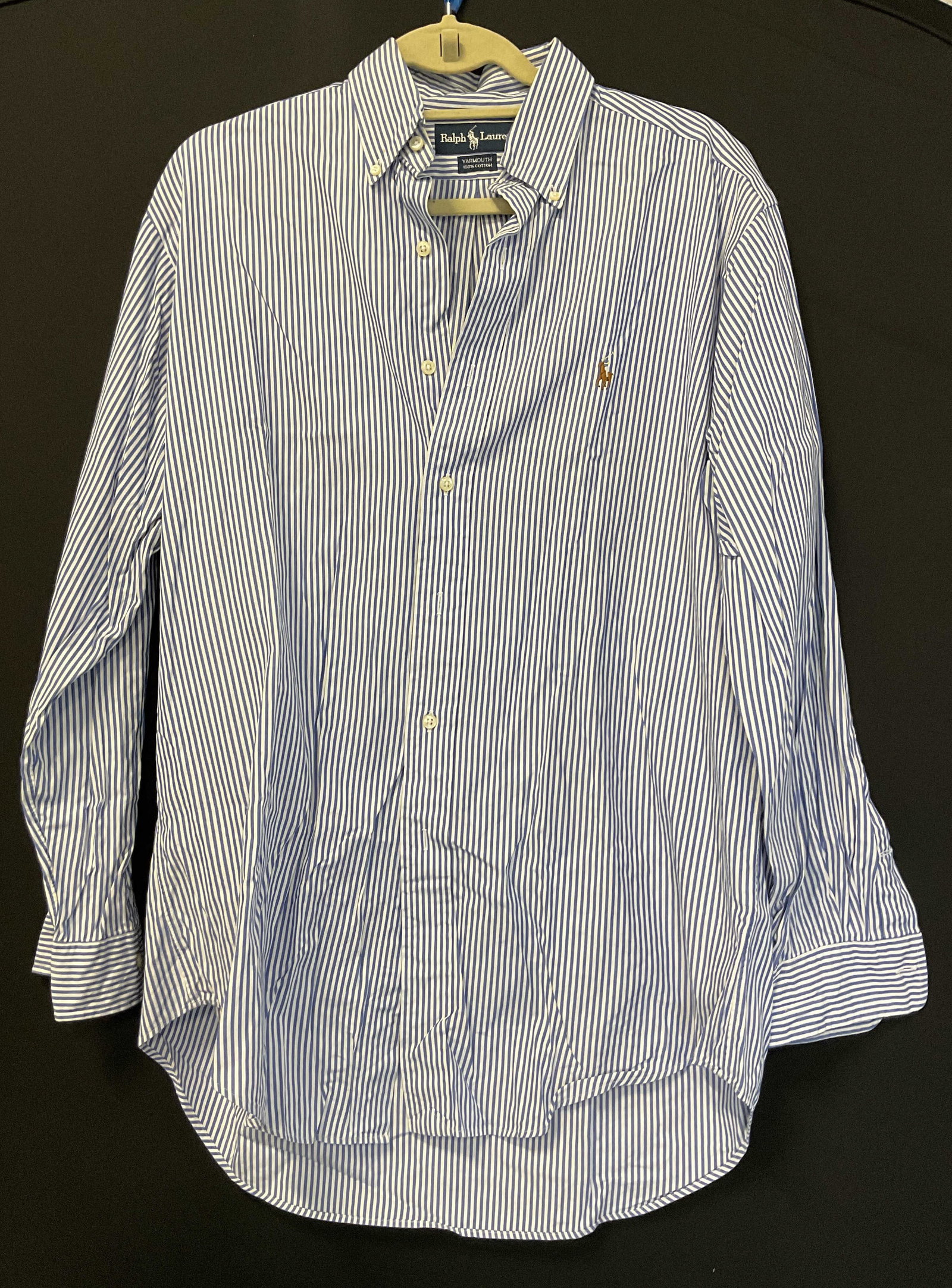 Ralph Lauren Striped Button Down Hong Kong: Ralph Lauren blue and white striped button down. Made in Hong Kong. 100% cotton Yarmouth. Size 15.5 33. Collared and buttoned. Long sleeve. Embroidered Ralph Lauren logo. Blue and white striped