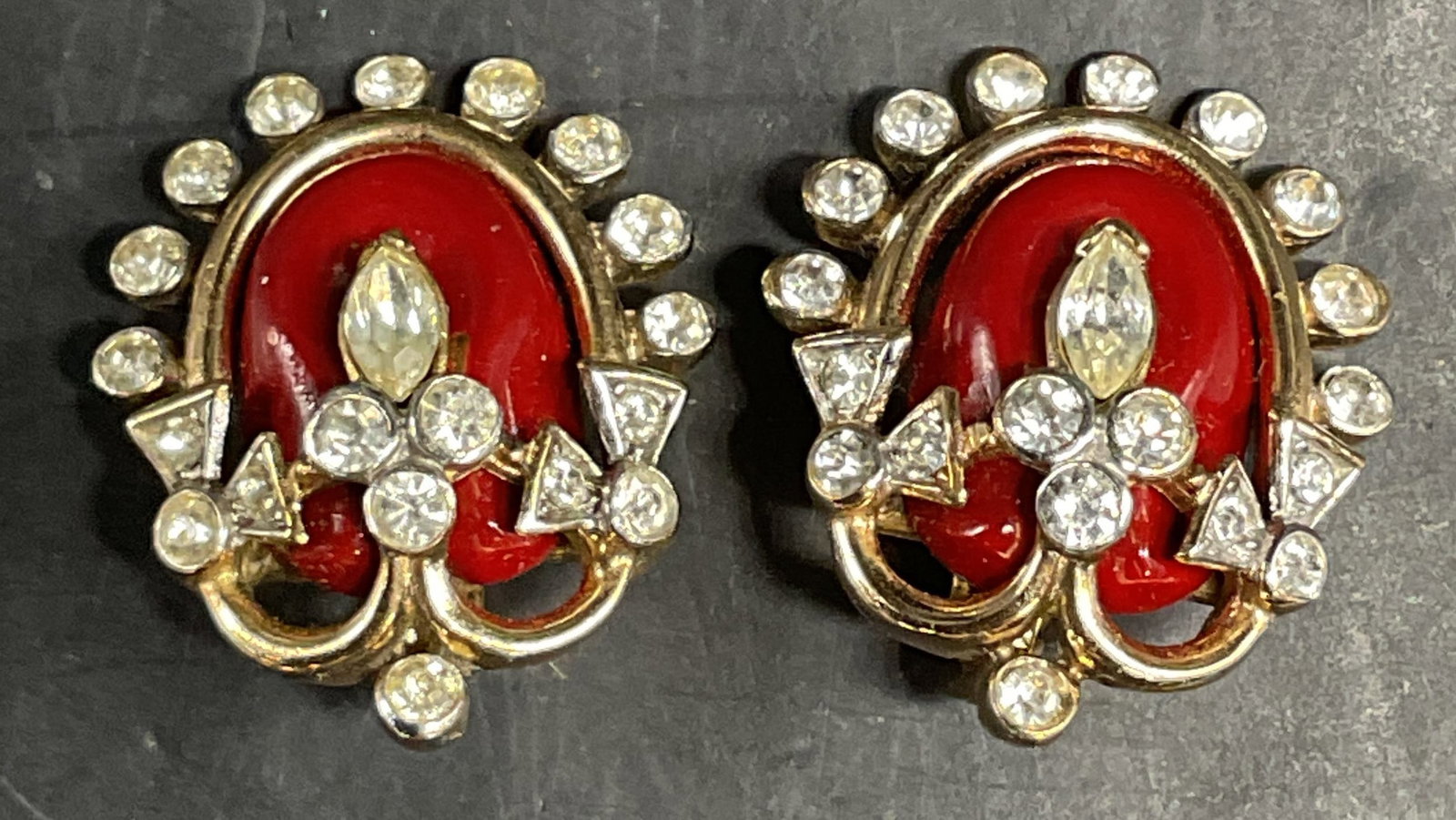 Trifari Gold Tn Red Enamel Crystal Earrings (1 of 6)