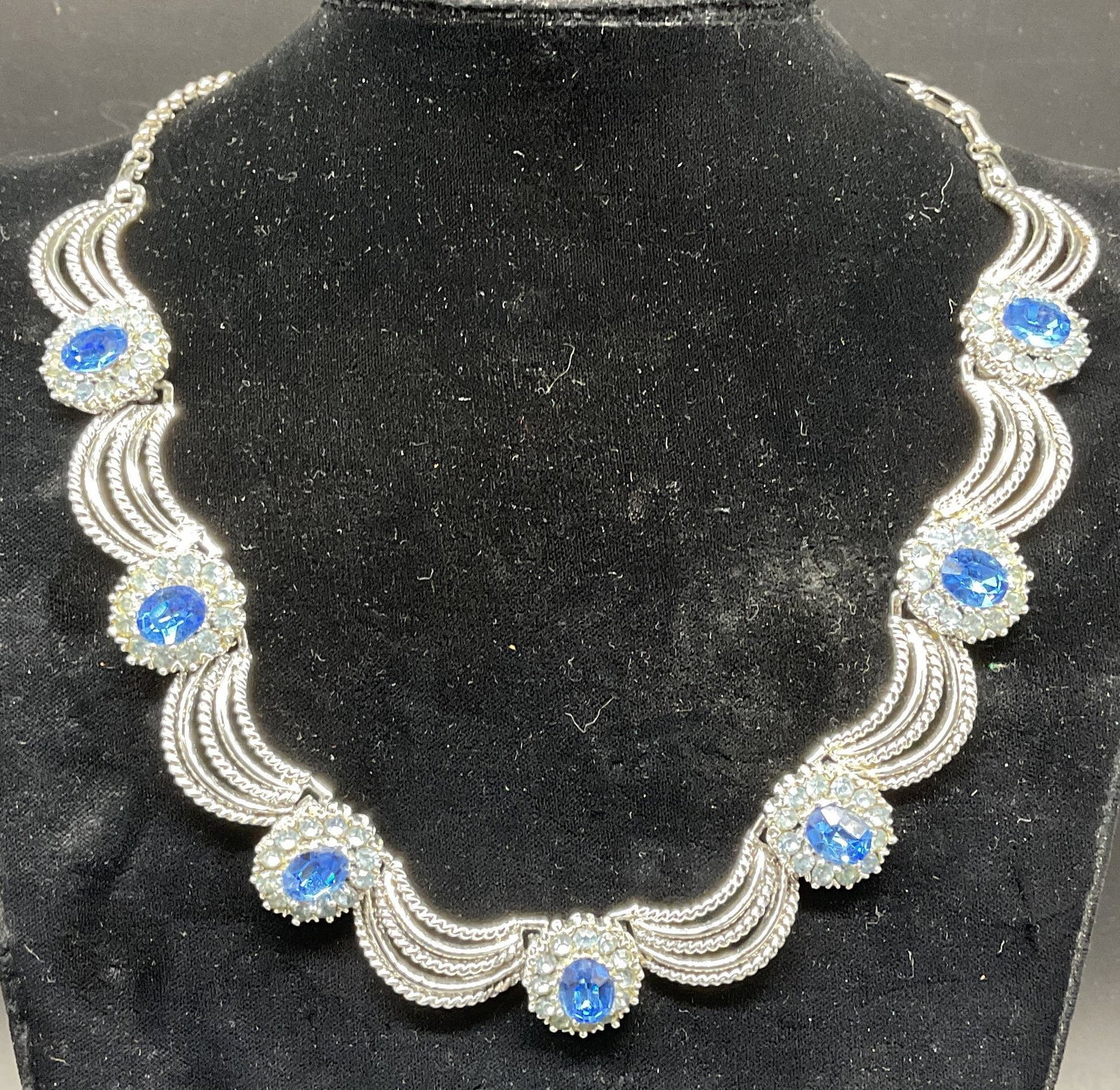 Vintage Silver Tone Blue Crystal Necklace: Vintage silver tone blue crystal panel necklace. Drop length 9.5 inches. Some scratching. Jewelry, estate jewelry, costume jewelry, cocktail jewelry, fashion jewelry, accessories, fashion accessories,