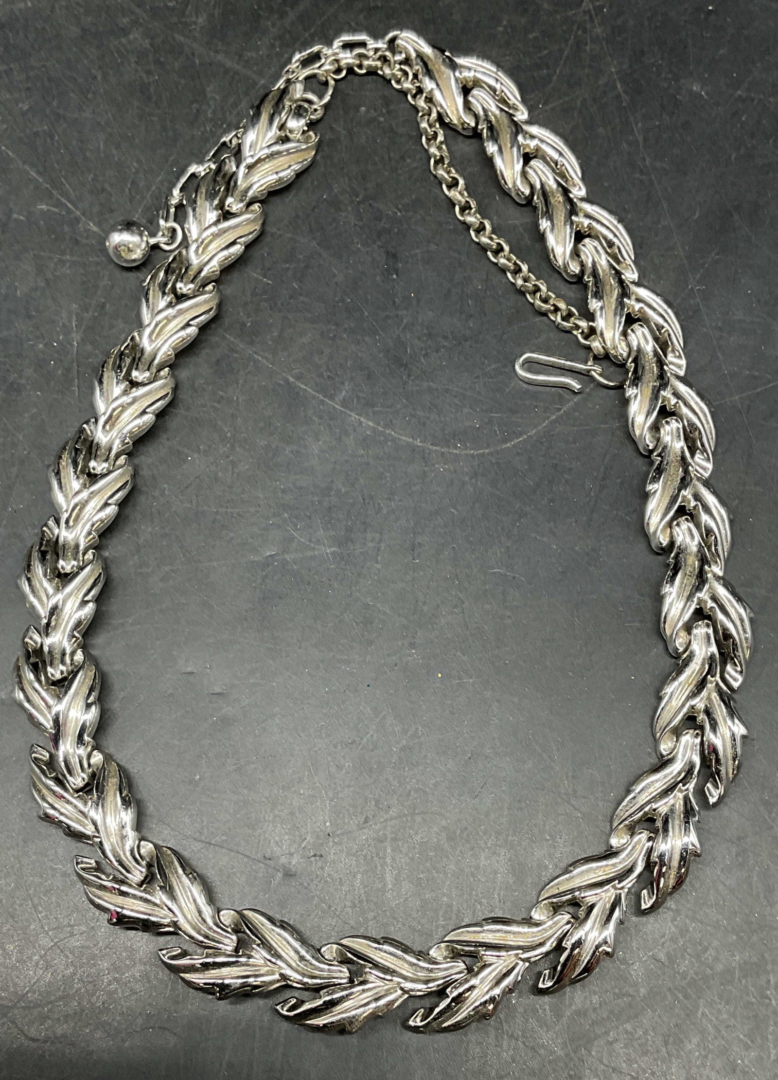 Vintage Trifari Silver Tone Panel Necklace: Vintage Trifari silver tone panel necklace. Drop length 8.5 inches. Some scratching. Jewelry, estate jewelry, costume jewelry, cocktail jewelry, fashion jewelry, accessories, fashion accessories, wear