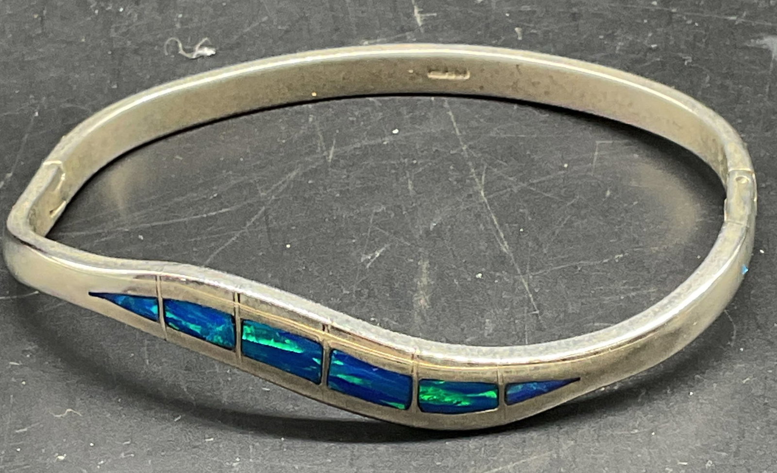 Signed Silver Tone iridescent Blue Bracelet (1 of 6)