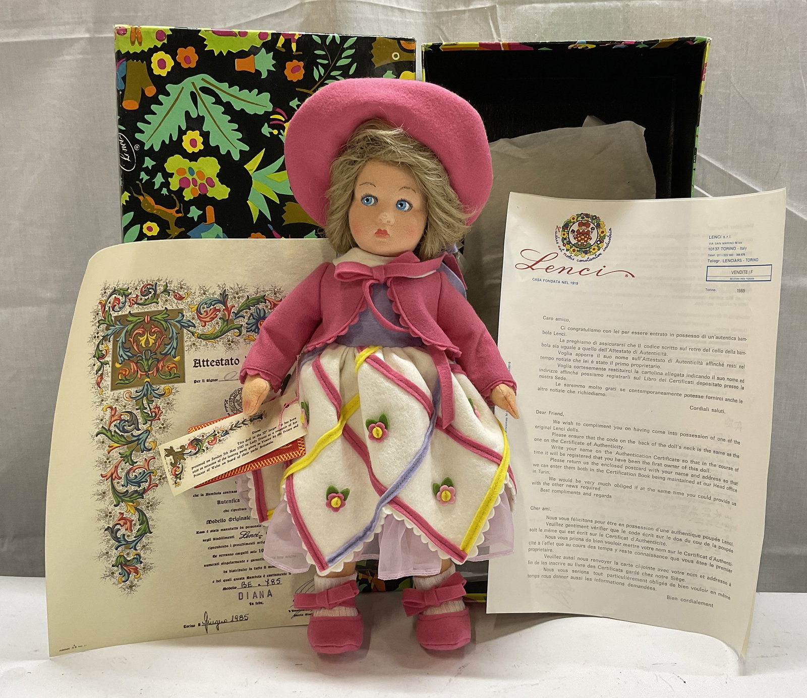 VTG Lenci Authentic Princess Diana Felt Doll ITALY: Vintage Lenci Authentic Limited Edition Princess Diana Felt Doll. Made in Italy. Comes with Original Box, Papers, and a Certificate of Authenticity. Model of the original 22in doll given to Princess D