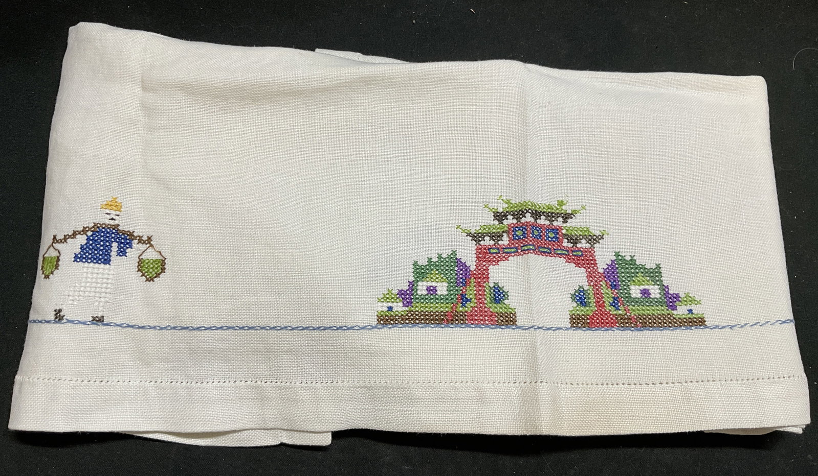 Cross-Stitch Embroidered Asian Folk Art Tea Towel (1 of 10)