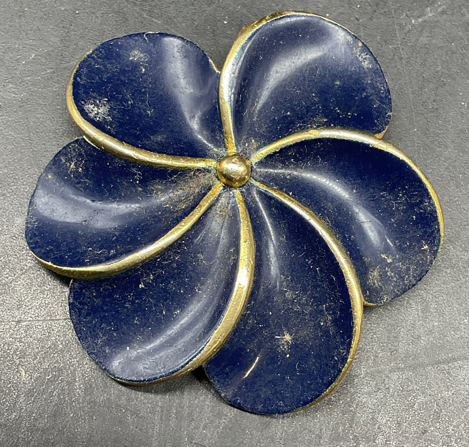 Vintage Gold Tone Blue Enamel Flower Brooch: Vintage gold tone blue enamel flower brooch. Measures approx. 1.75 inches wide. Some scratching. Jewelry, estate jewelry, costume jewelry, cocktail jewelry, fashion jewelry, accessories, fashion
