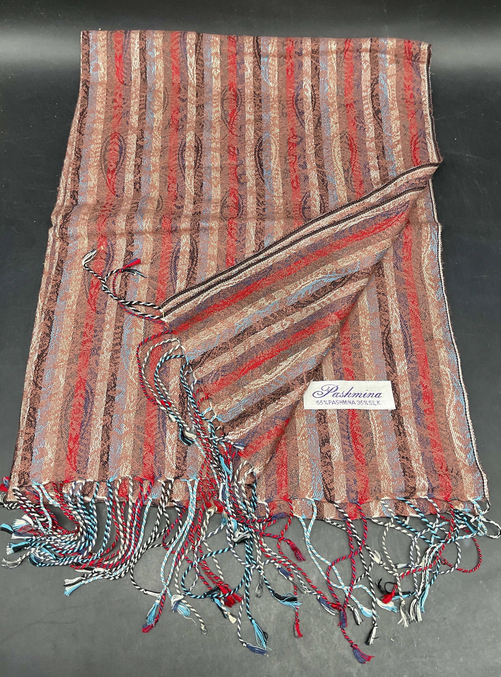 Pashmina Silk Blend Red & Blue Striped Scarf (1 of 6)