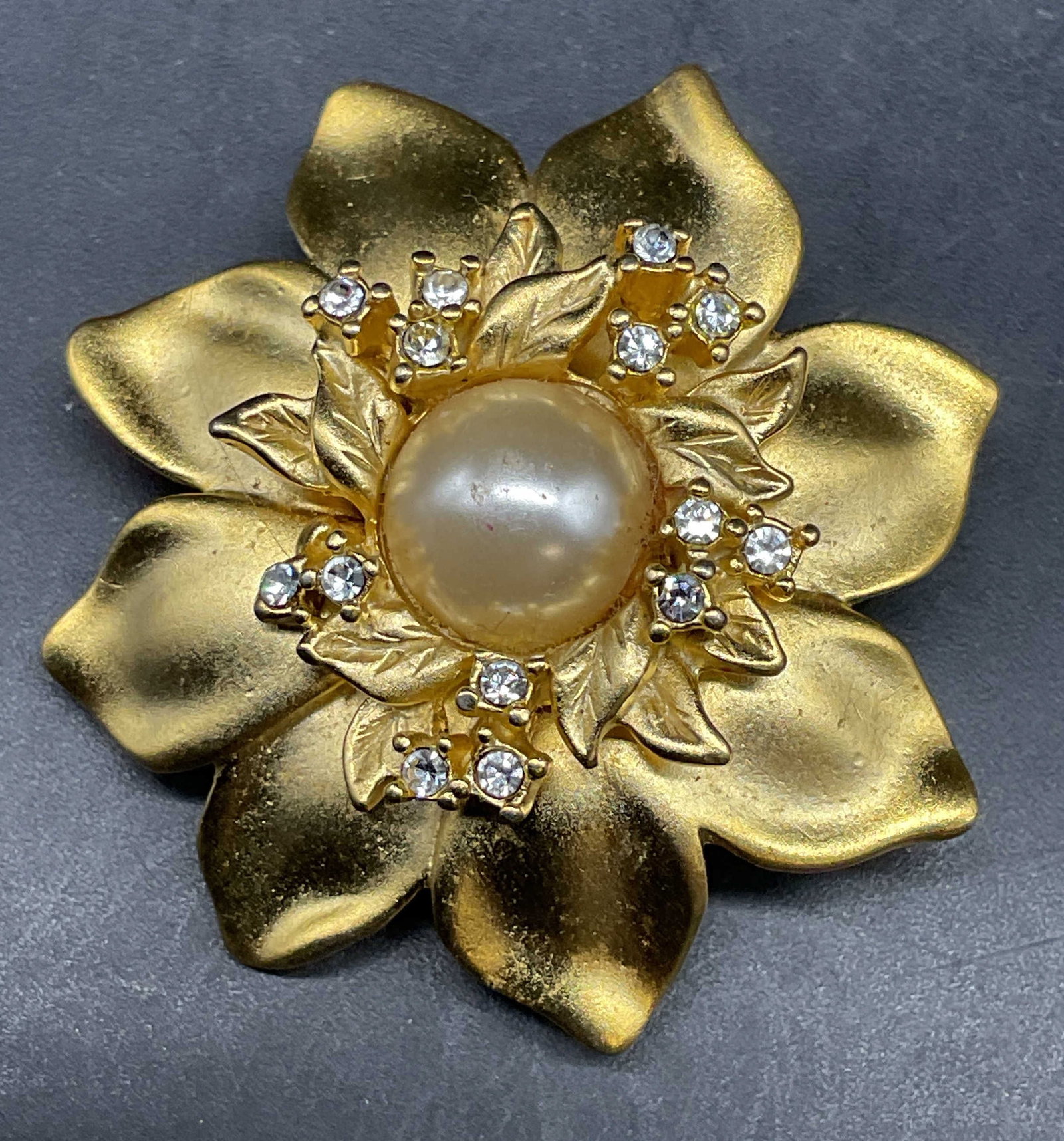 Signed Gold Tone Faux Pearl Flower Brooch (1 of 6)