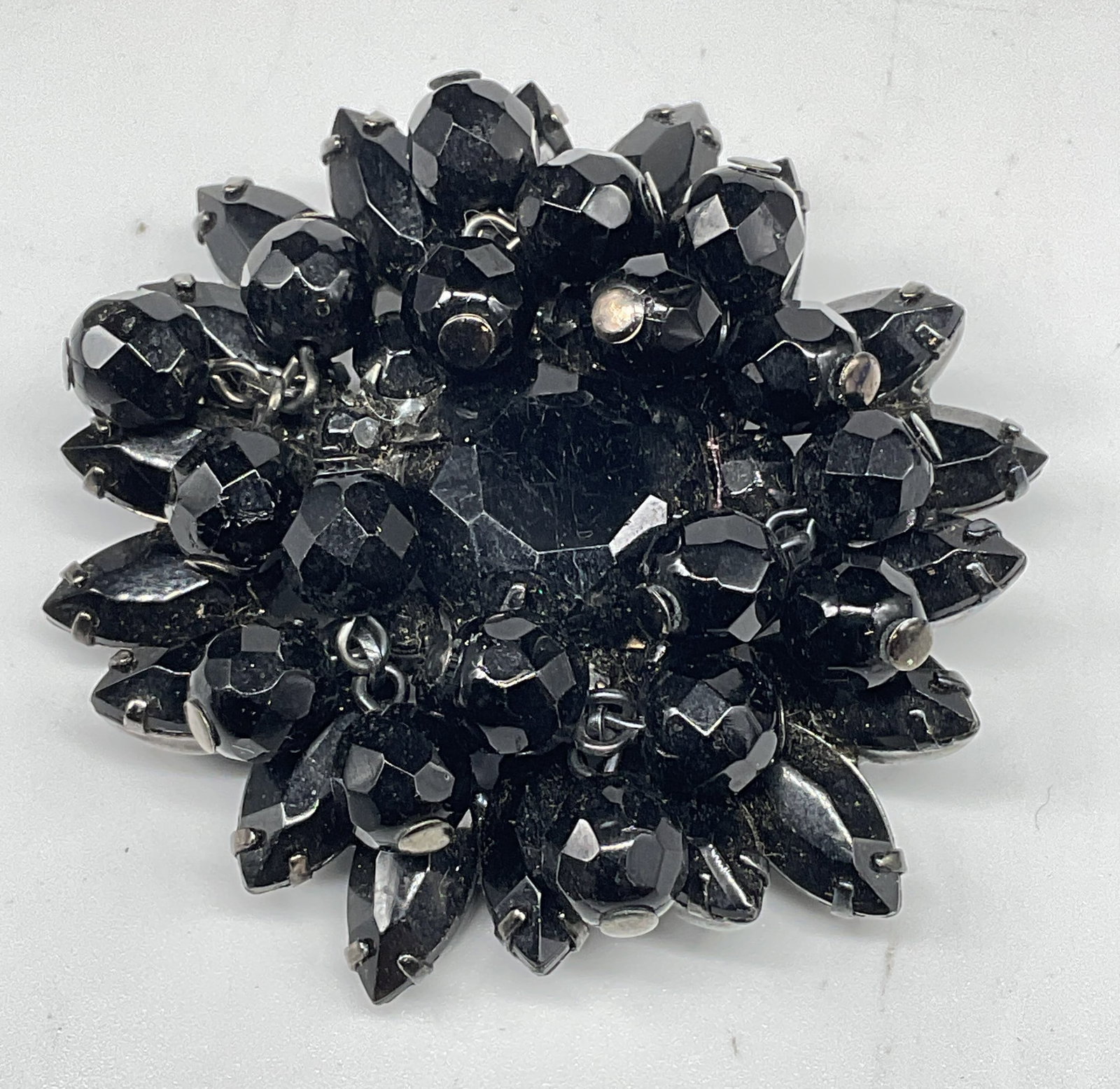 Vintage Black Beaded Crystal Flower Brooch (1 of 6)