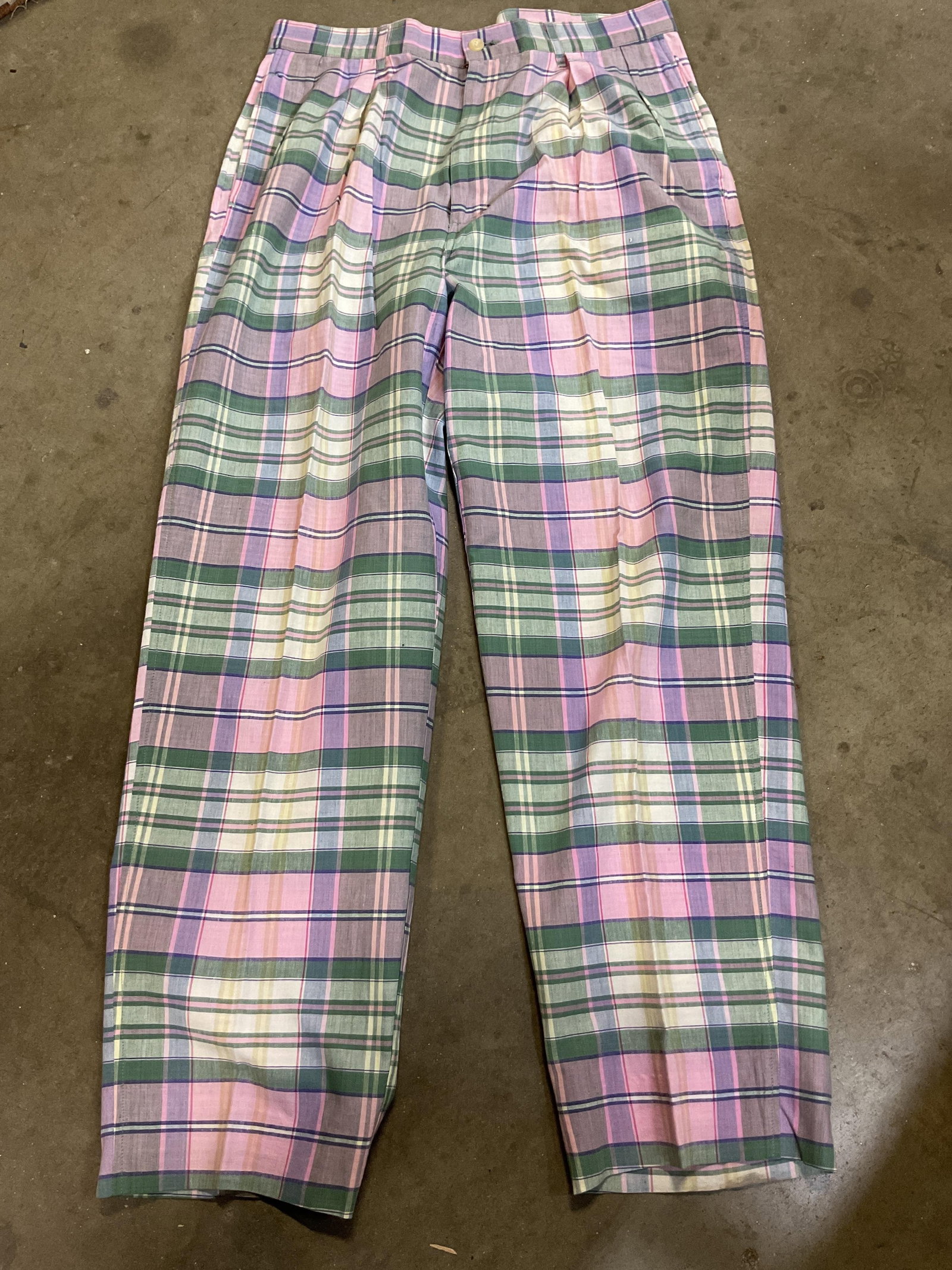 Polo Ralph Lauren Multicolor Plaid Pants USA: Polo Ralph Lauren multicolor plaid pants. Made in USA. 100% cotton. Size Medium. Pockets. Plaid pattern in pink, green, white, and more. Wear consistent with exposure. Pants, bottoms, Polo Ralph