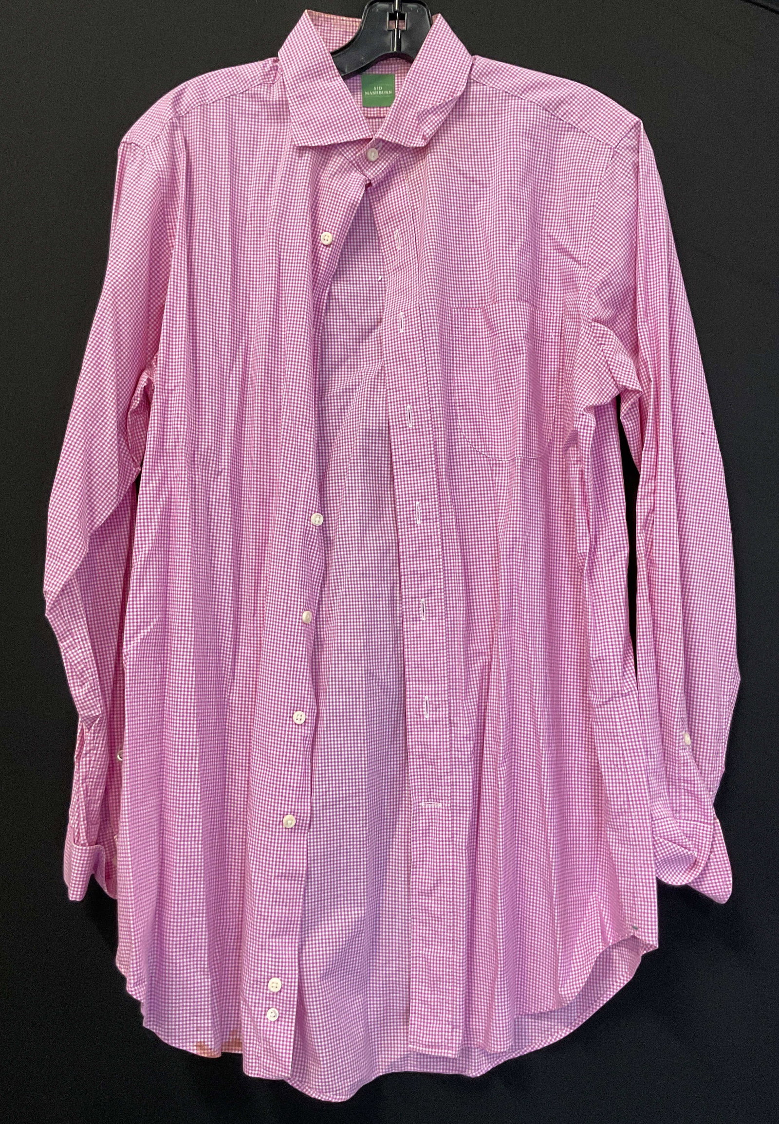 Sid Mashburn Pink & White Gingham Button Down: Sid Mashburn pink and white gingham button down. Size M. Long sleeve. Buttoned and collared. Front pocket. Wear consistent with exposure, blemishes. Button down, top, shirt, Sid Mashburn, wearables,