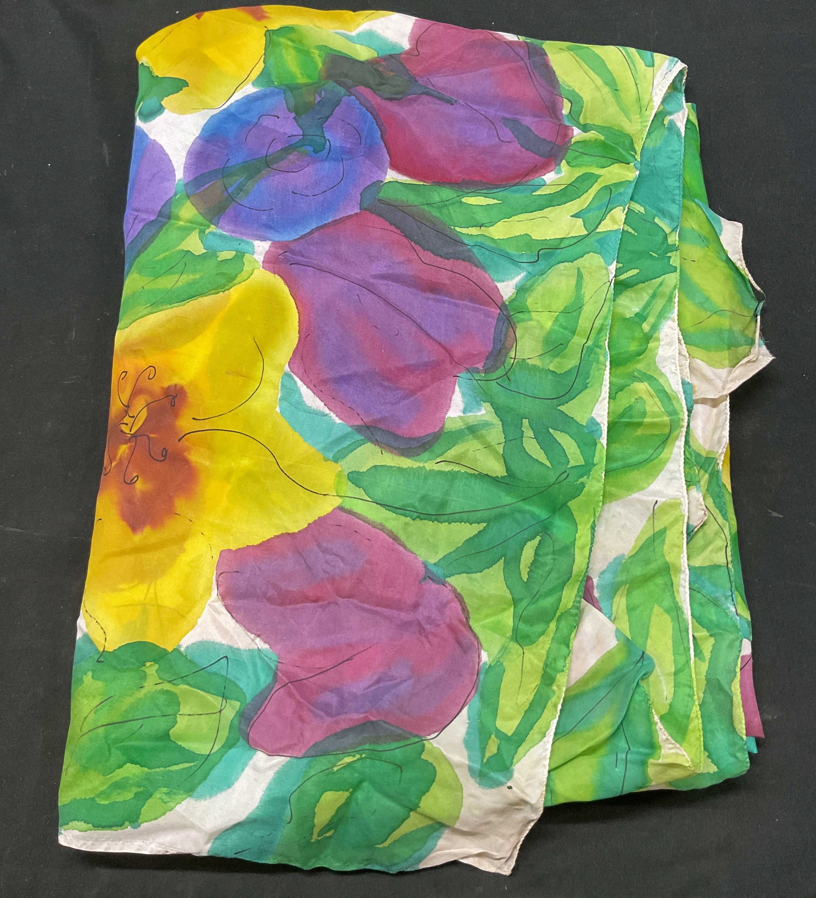 Vintage Floral Shawl: Vintage floral shawl. Marked, reads illegibly. Stylized floral motifs in varying colors. Measures approx 33 x 69 inches. Wear consistent with exposure. Property of opera singers estate from the