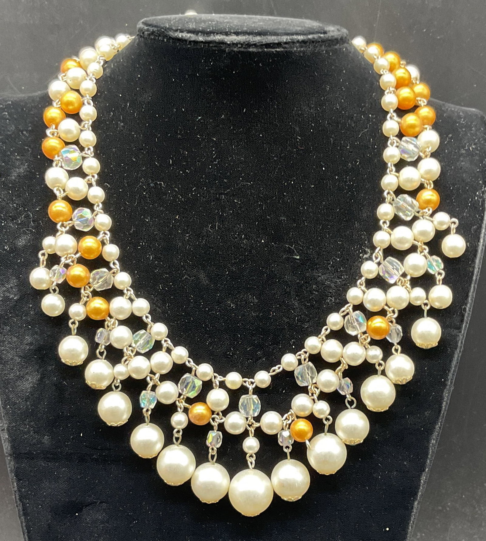Vintage Faux Pearl Beaded Collar Necklace: Vintage faux pearl beaded collar necklace. Drop length 7.75 inches. Some scratching. Jewelry, estate jewelry, costume jewelry, cocktail jewelry, fashion jewelry, accessories, fashion accessories,