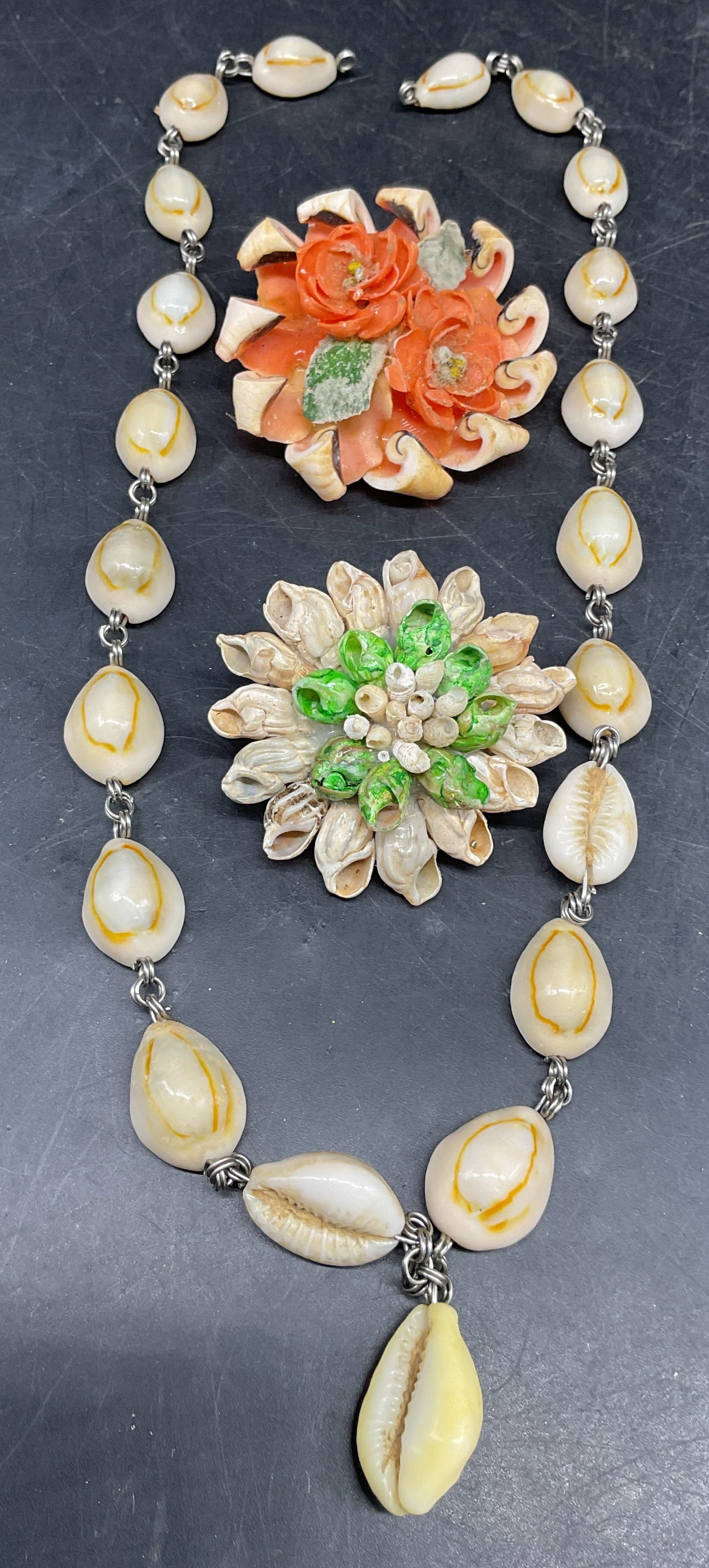 Lot 3 Puka Shell Necklace, Shell Flower Brooch + (1 of 7)