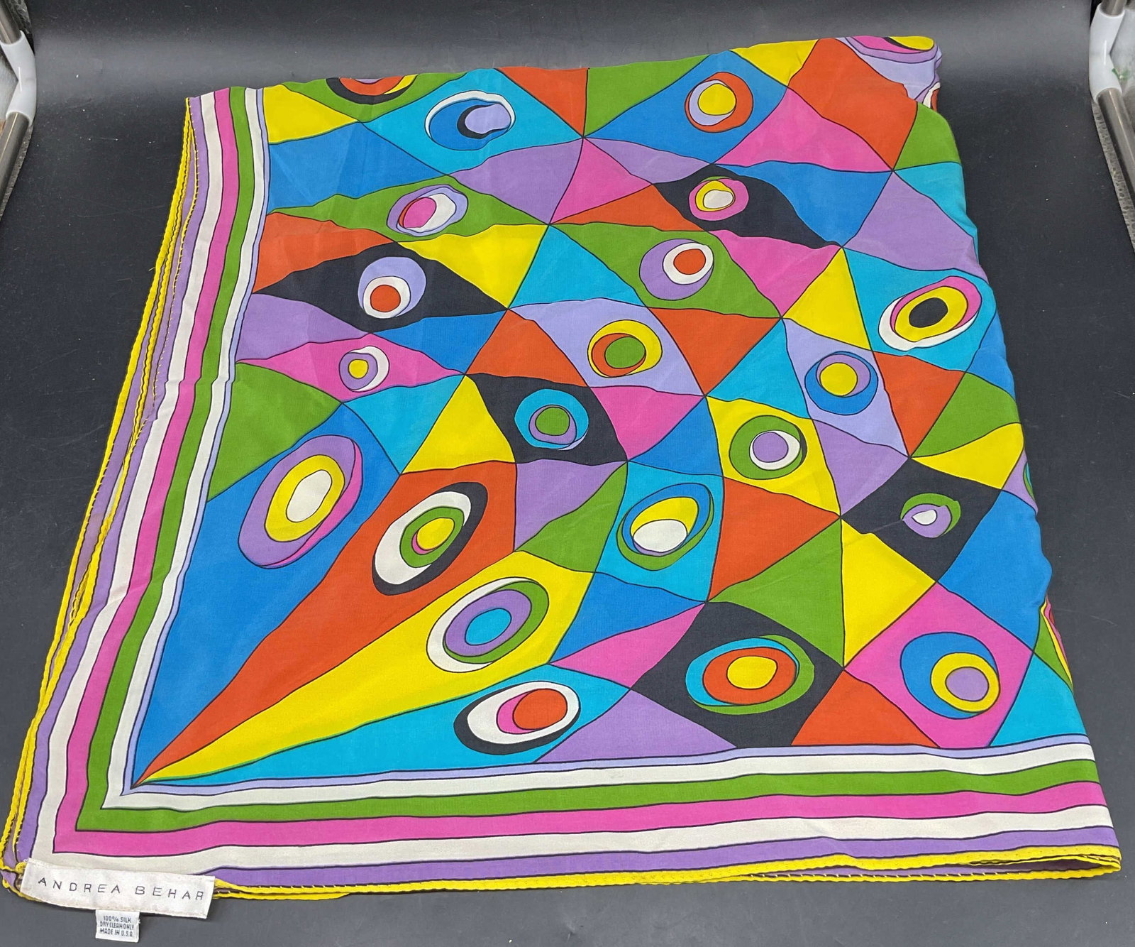 Andrea Behar Abstract Multicolor Silk Scarf USA: Andrea Behar multicolor abstract print silk scarf. Made in USA. Measures approx. 34 x 35 inches. Some blemishes. Scarf, vintage scarf, accessories, fashion accessories, wearables, Andrea Behar scarf,
