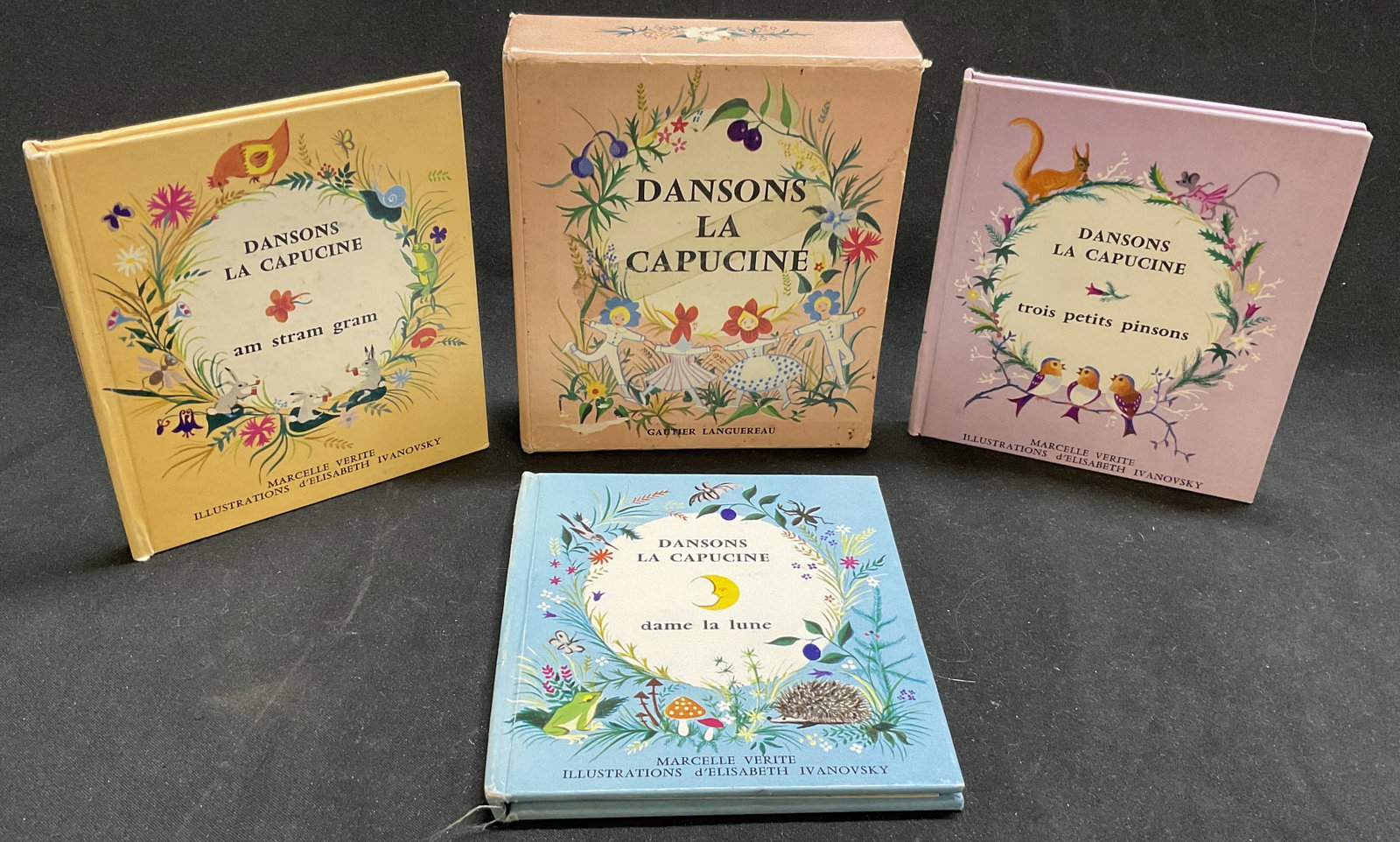60s FRENCH ILLUS Dansons La Capucine Set by Verite: Vintage French Childrens Game Set Dansons La Capucine by Marcelle Verite. Illustrated by delisabeth Ivanovsky. Published by Gautier Languereau in Paris 1965. Title Translates to Lets Dance the