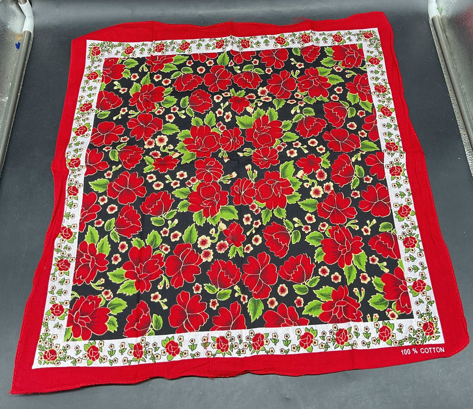 Vintage Red Floral Cotton Bandana: Vintage red floral print cotton bandana. Measures approx. 18.5 x 18.5 inches. Some pulling. Bandana, floral bandana, cotton bandana, red bandana, accessories, fashion accessories, wearables, 10 sb