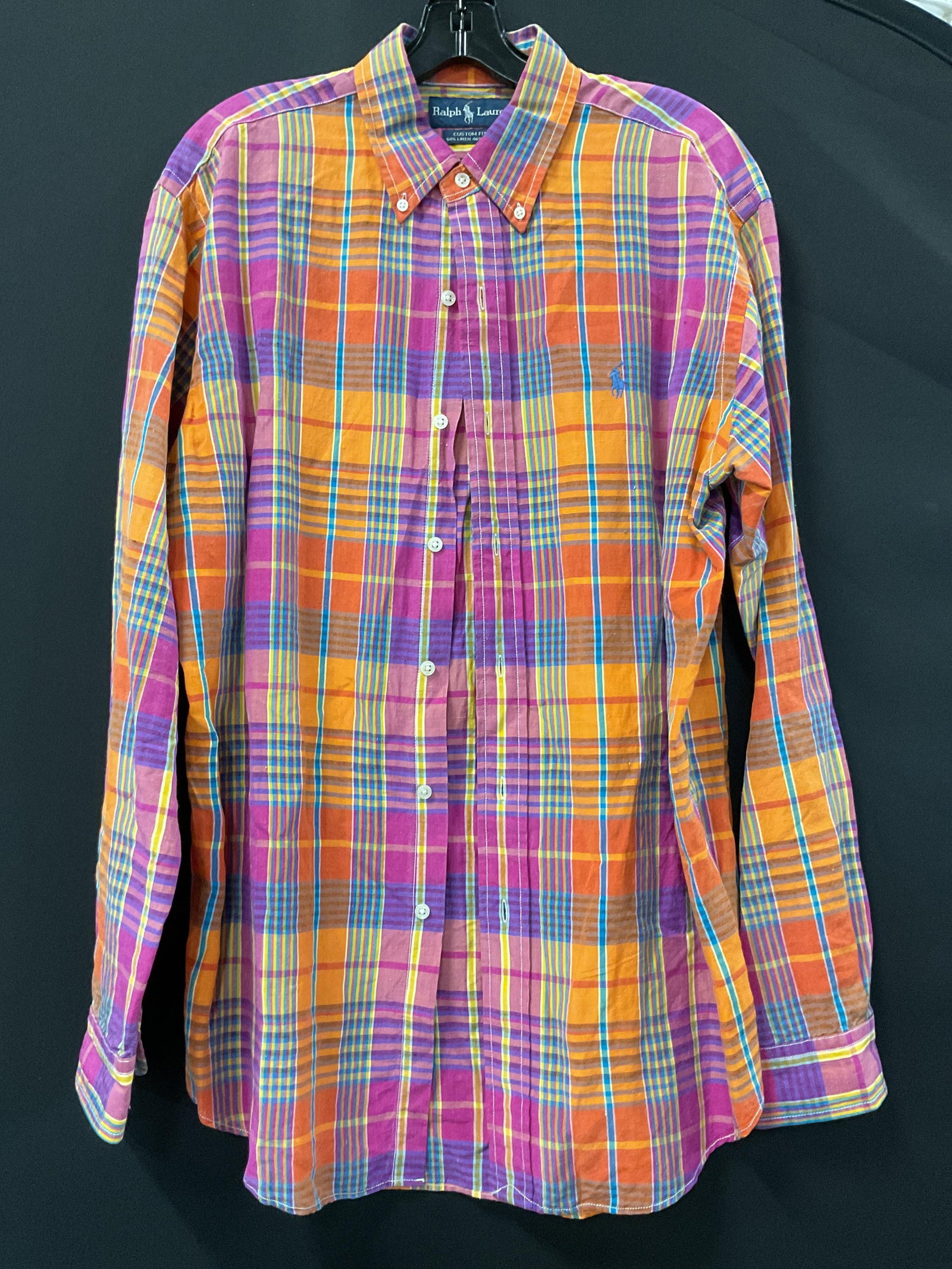 Ralph Lauren Plaid Button Down: Ralph Lauren plaid button down. Size M. Custom fit. 54% linen 46% silk. Long sleeve. Collared and buttoned. Embroidered logo. Plaid pattern in orange, purple, yellow, and more. Wear consistent with ex