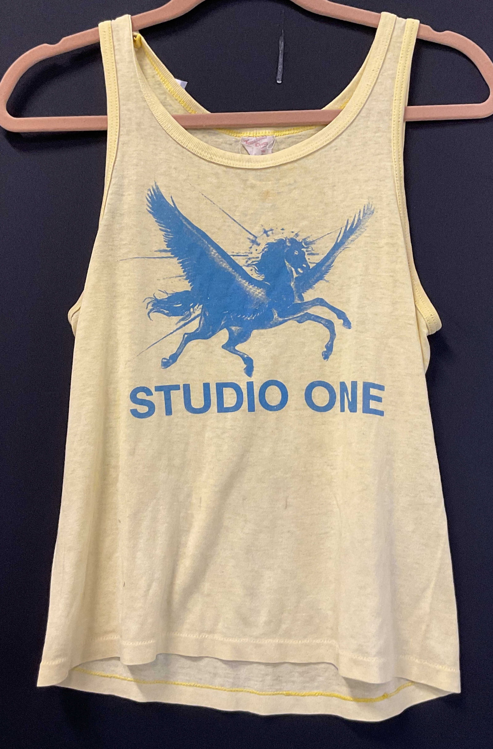 Tennessee River Yellow Graphic Tank USA: Tennessee River yellow graphic tank. Made in USA. Size S. 50% cotton. Blue horse with wings graphic. Reads Studio One. Wear consistent with exposure, blemishes. Tank top, top, Tennessee River,